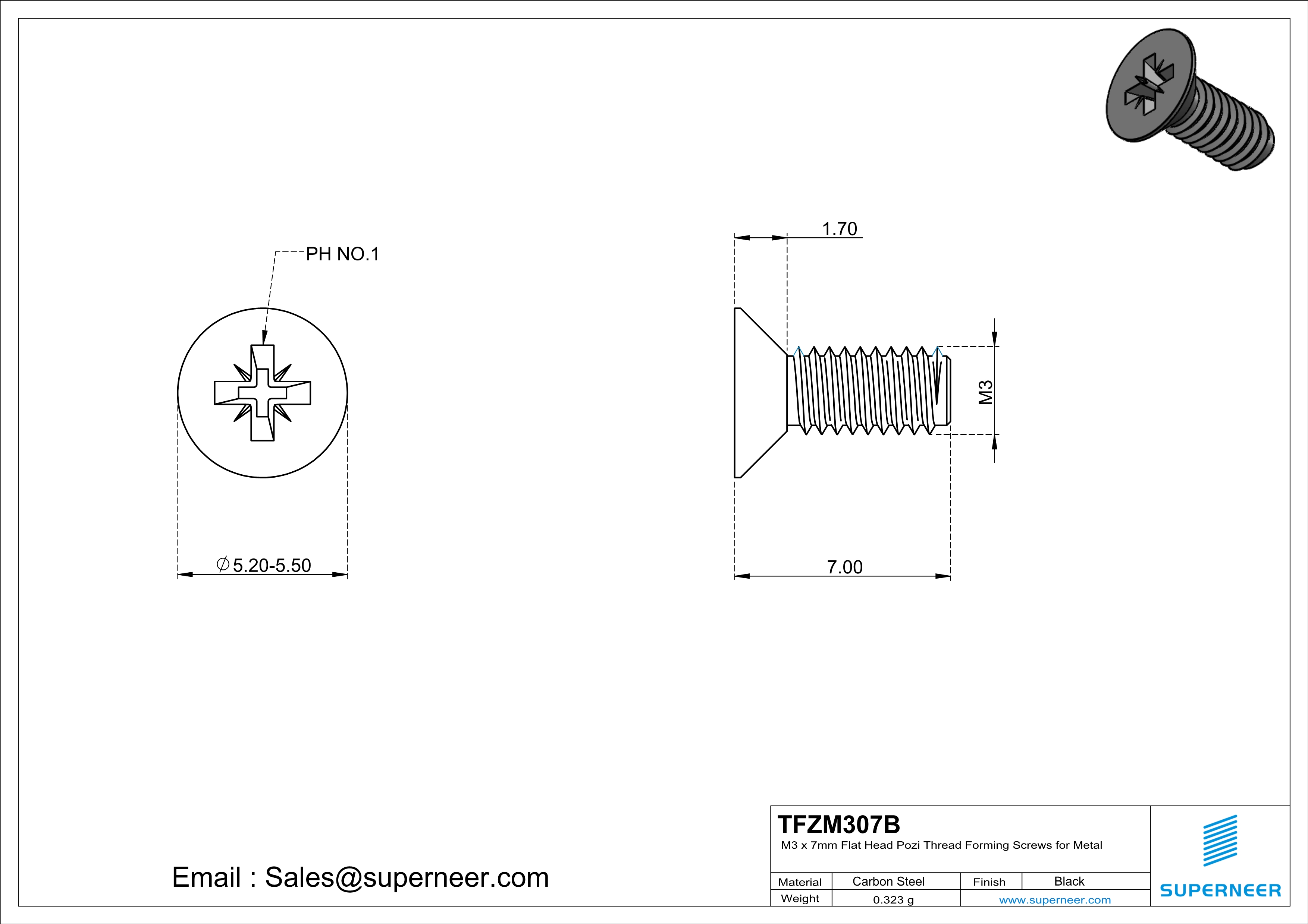 M3 × 7mm Flat Head Pozi Thread Forming Screws for Metal Steel Black