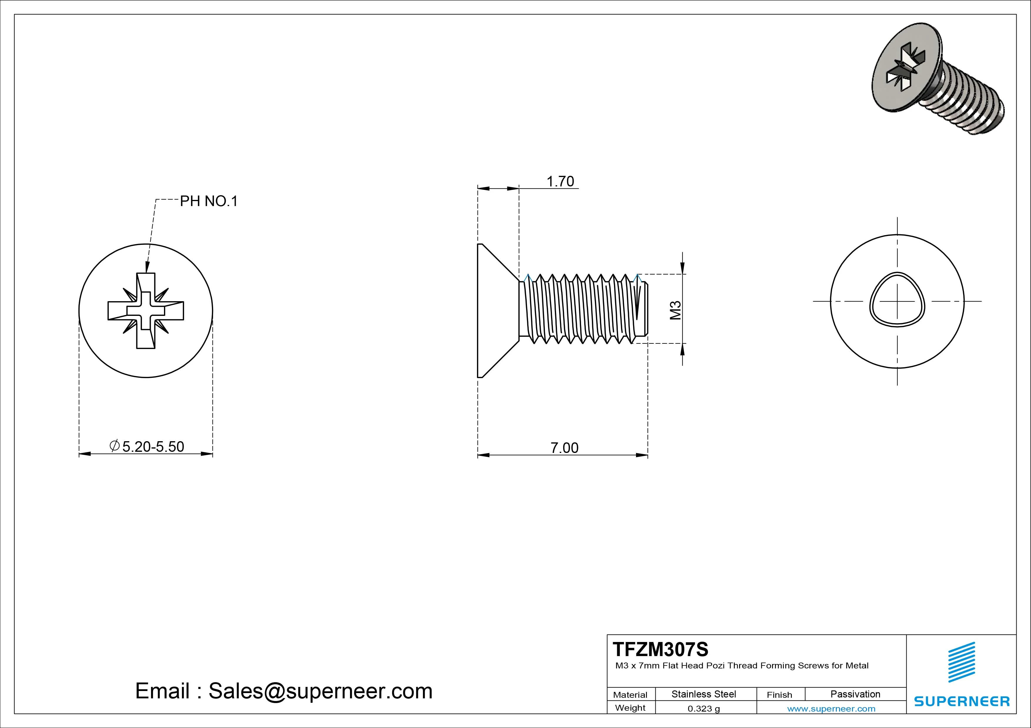 M3 × 7mm Flat Head Pozi Thread Forming Screws for Metal SUS304 Stainless Steel Inox