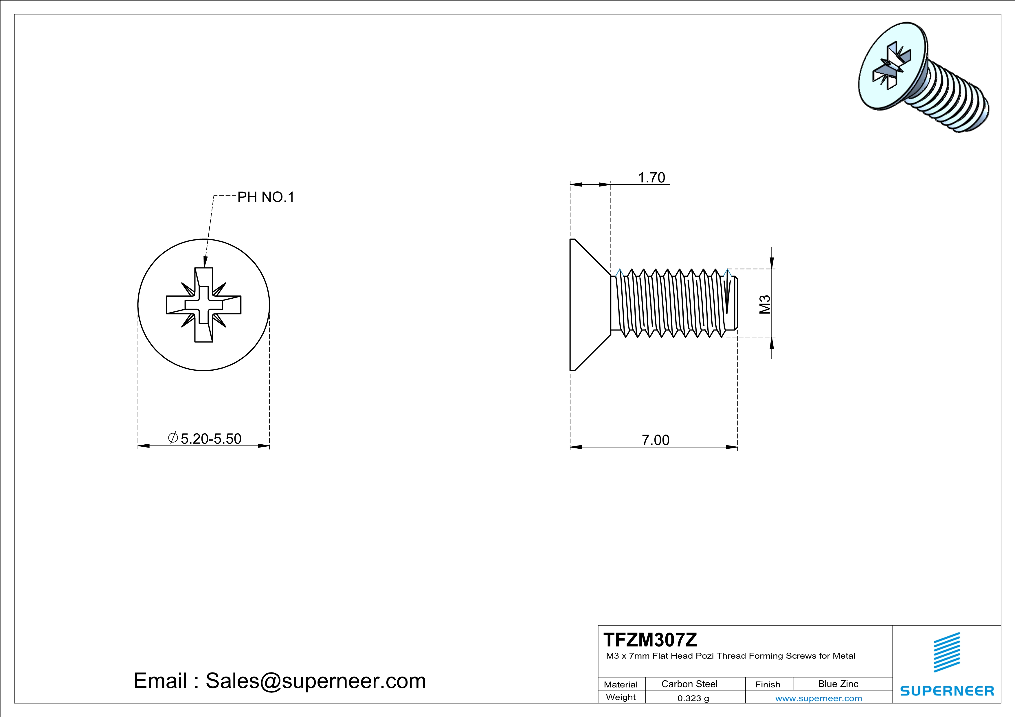 M3 × 7mm Flat Head Pozi Thread Forming Screws for Metal Steel Blue Zinc Plated