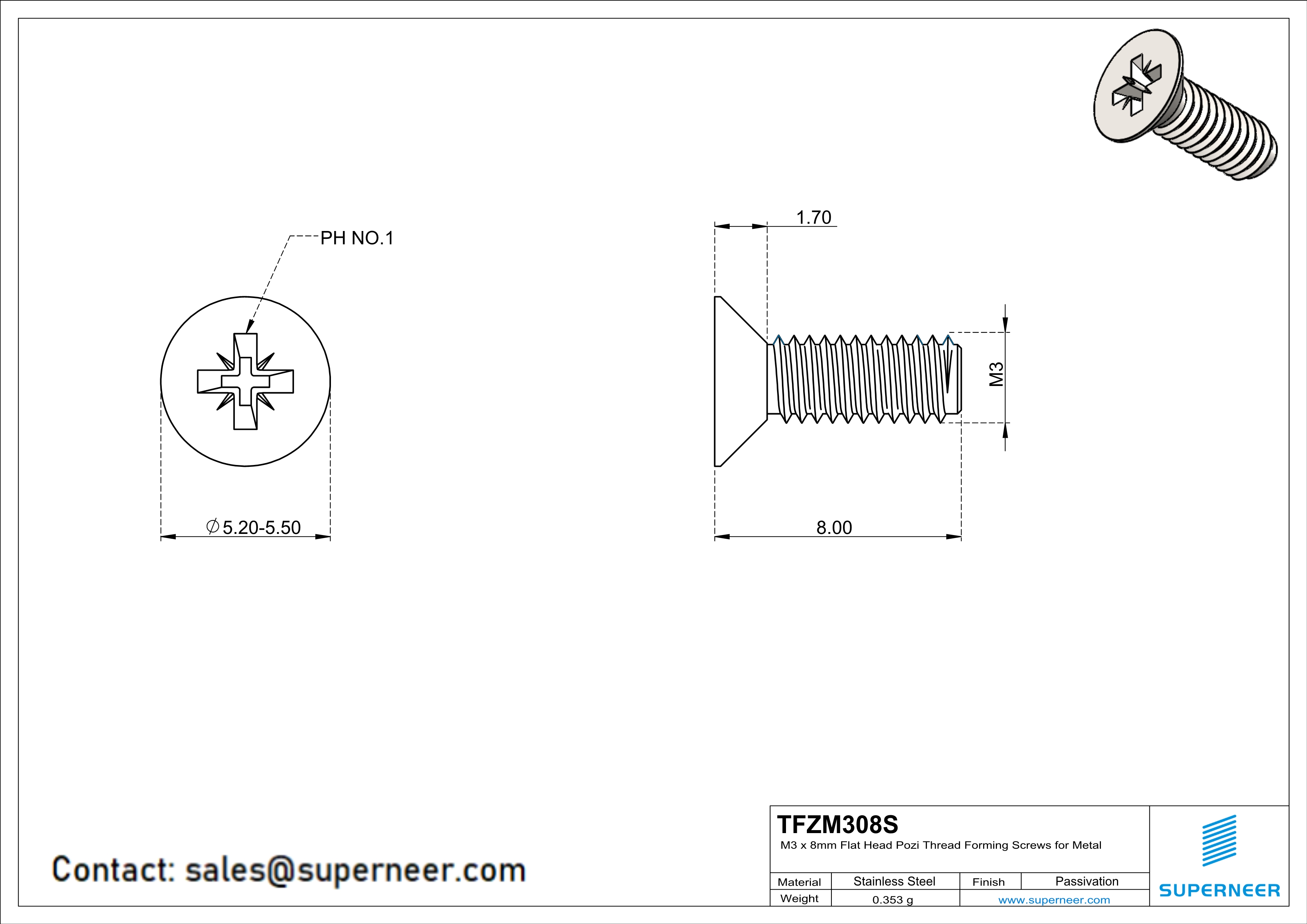 M3 × 8mm Flat Head Pozi Thread Forming Screws for Metal SUS304 Stainless Steel Inox