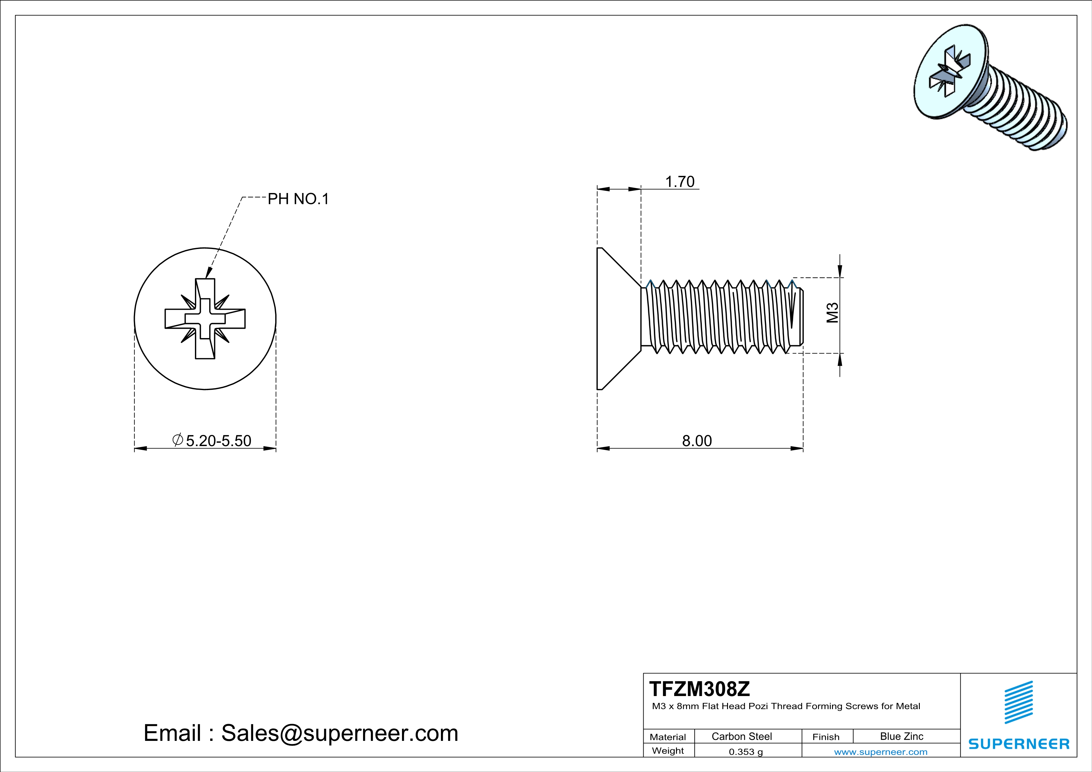 M3 × 8mm Flat Head Pozi Thread Forming Screws for Metal Steel Blue Zinc Plated