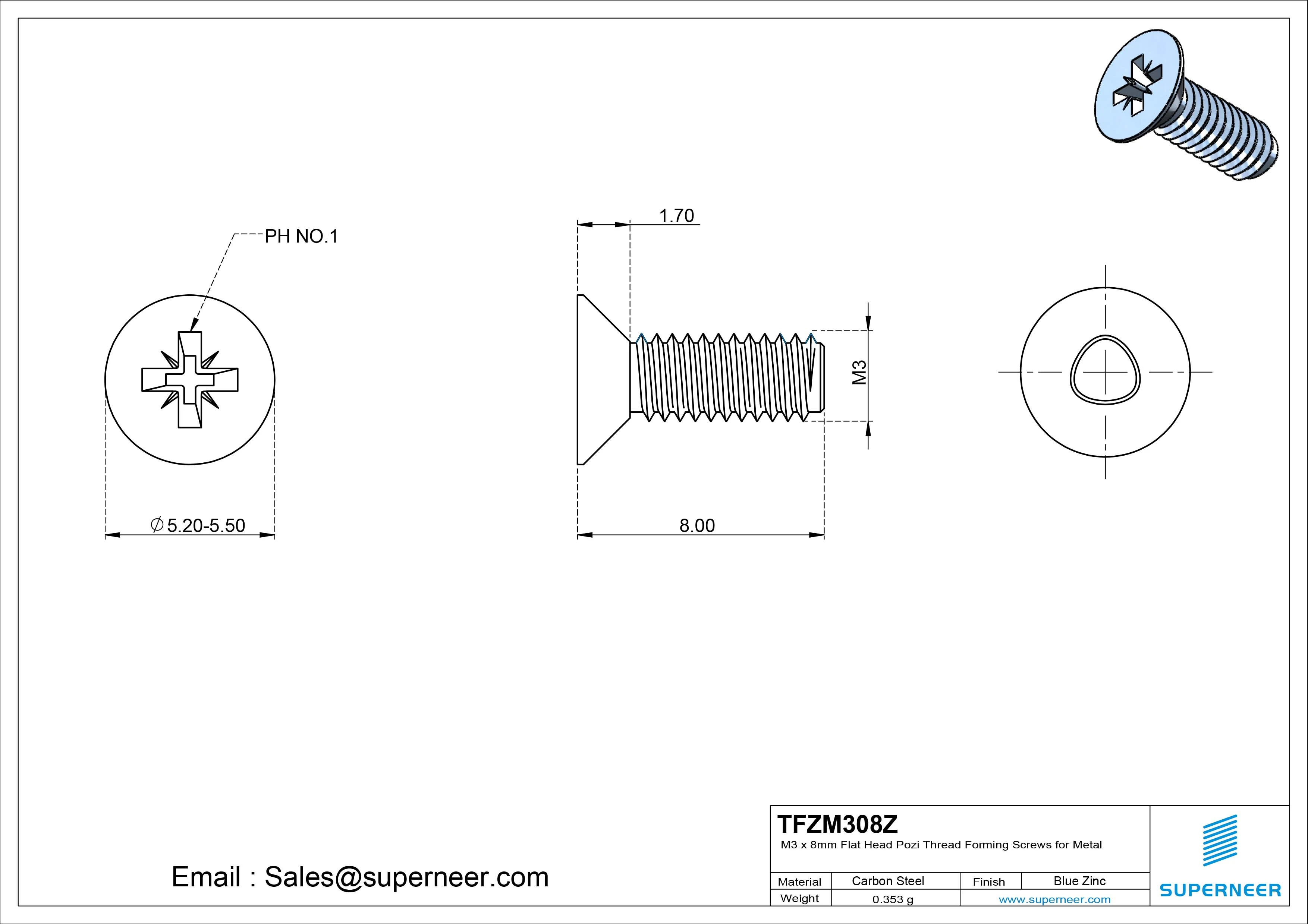 M3 × 8mm Flat Head Pozi Thread Forming Screws for Metal Steel Blue Zinc Plated