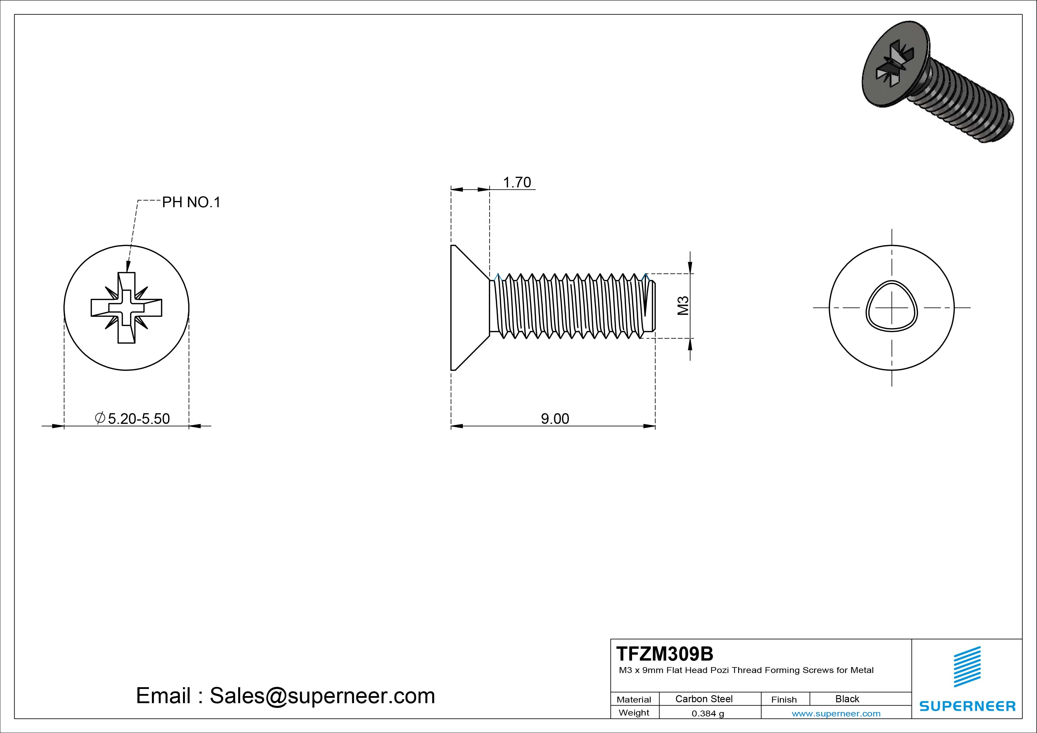 M3 × 9mm Flat Head Pozi Thread Forming Screws for Metal Steel Black