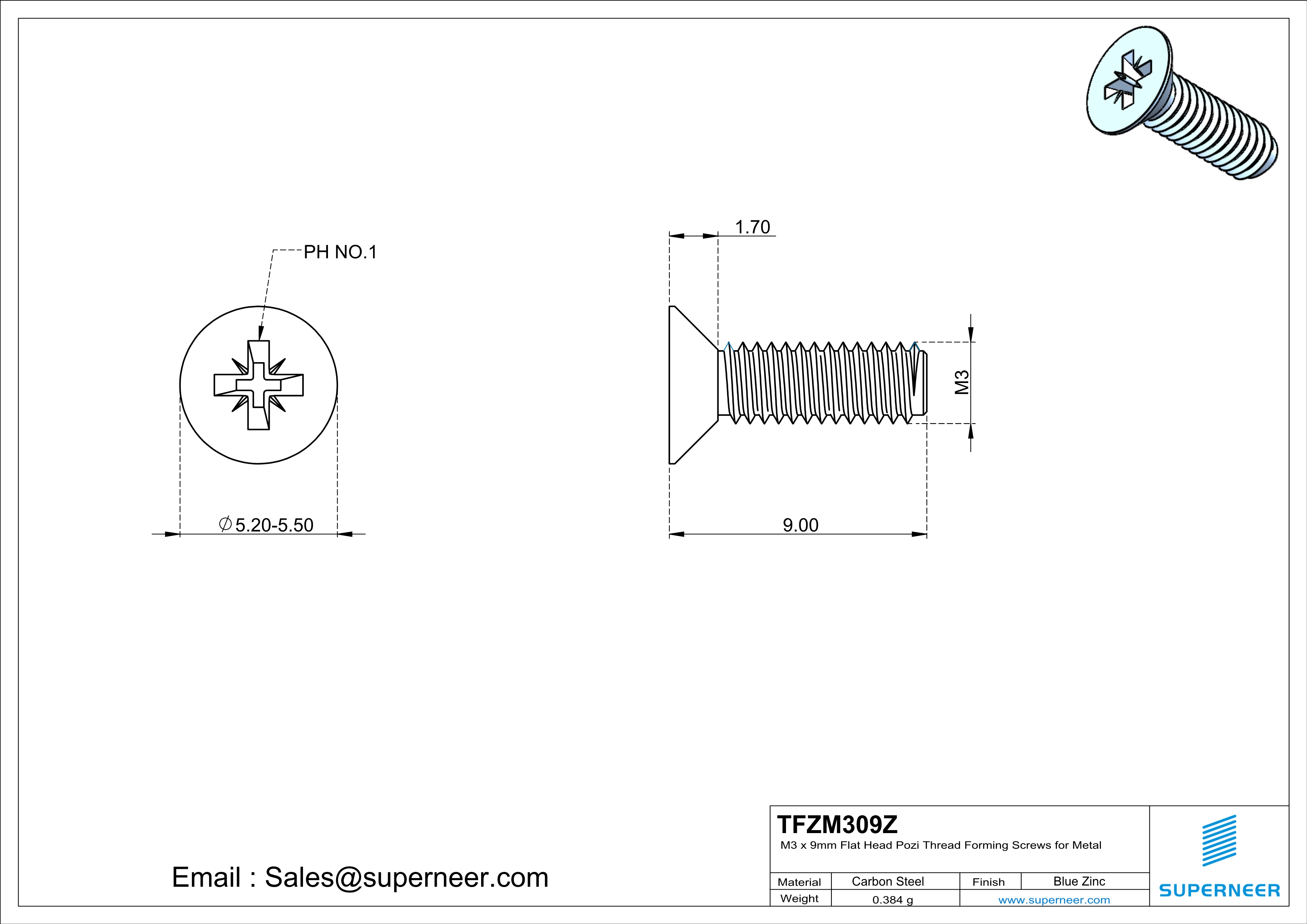 M3 × 9mm Flat Head Pozi Thread Forming Screws for Metal Steel Blue Zinc Plated