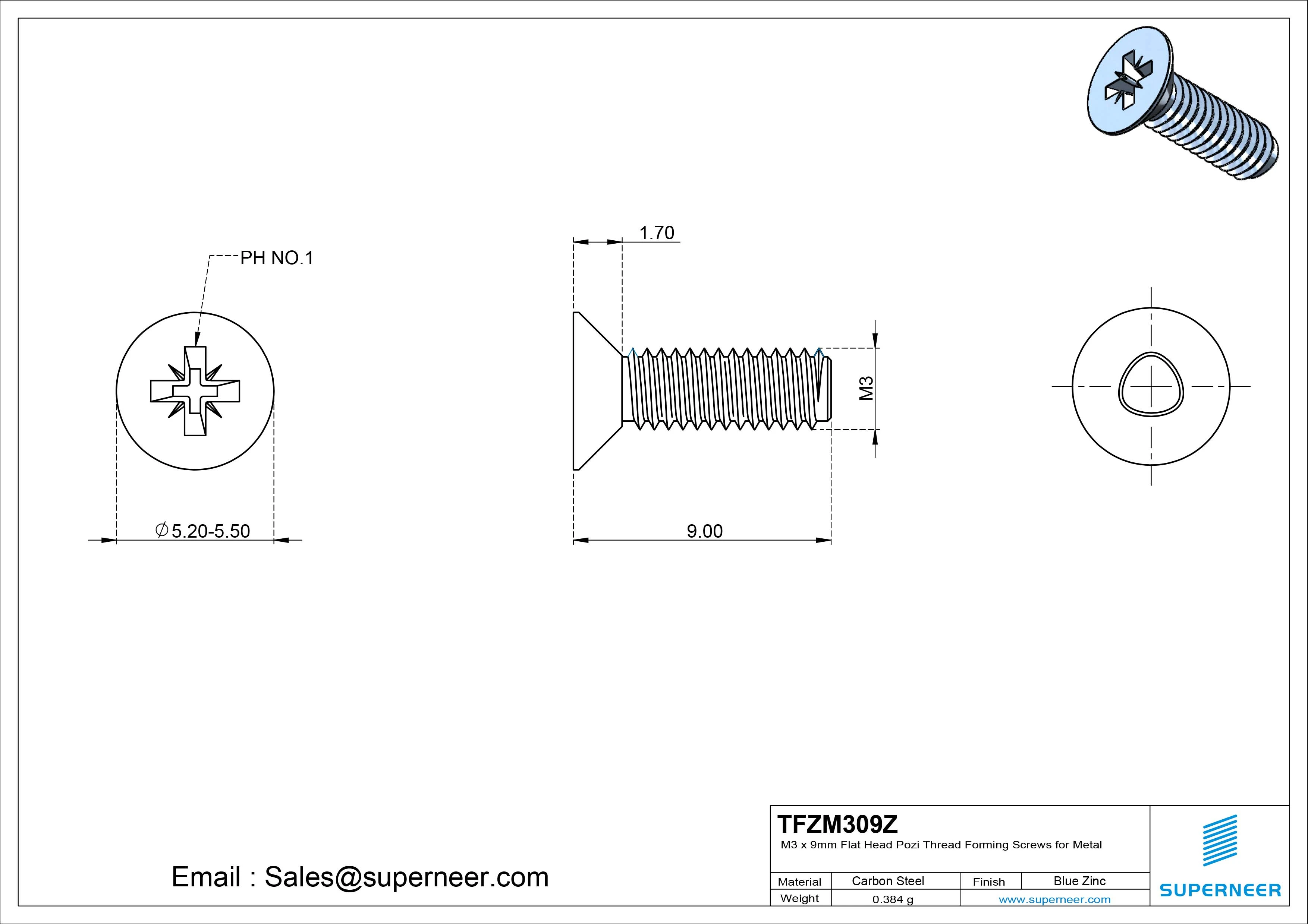 M3 × 9mm Flat Head Pozi Thread Forming Screws for Metal Steel Blue Zinc Plated