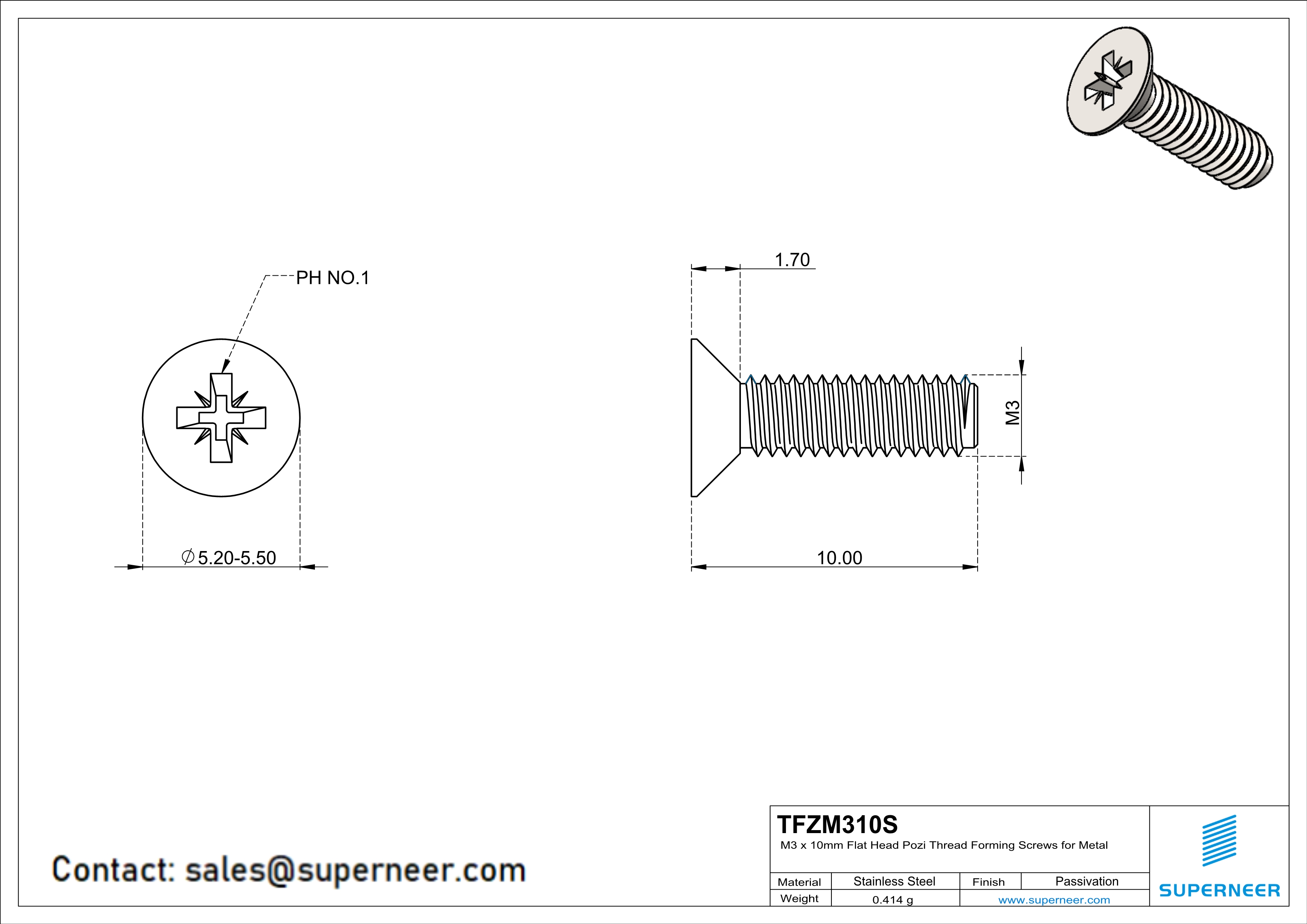 M3 × 10mm Flat Head Pozi Thread Forming Screws for Metal SUS304 Stainless Steel Inox