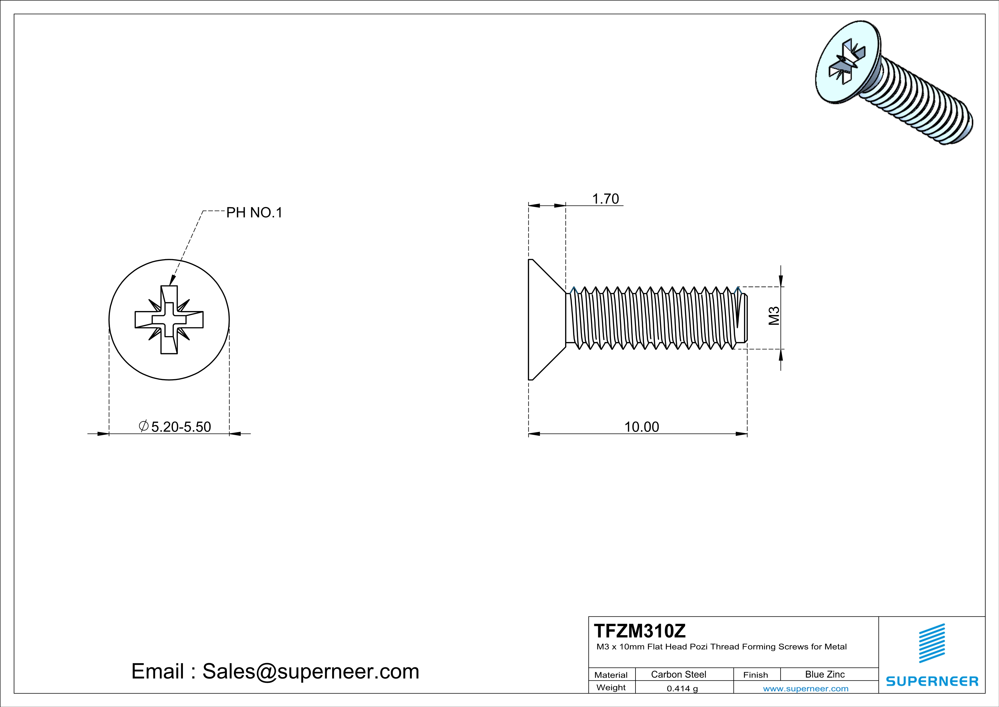 M3 × 10mm Flat Head Pozi Thread Forming Screws for Metal Steel Blue Zinc Plated