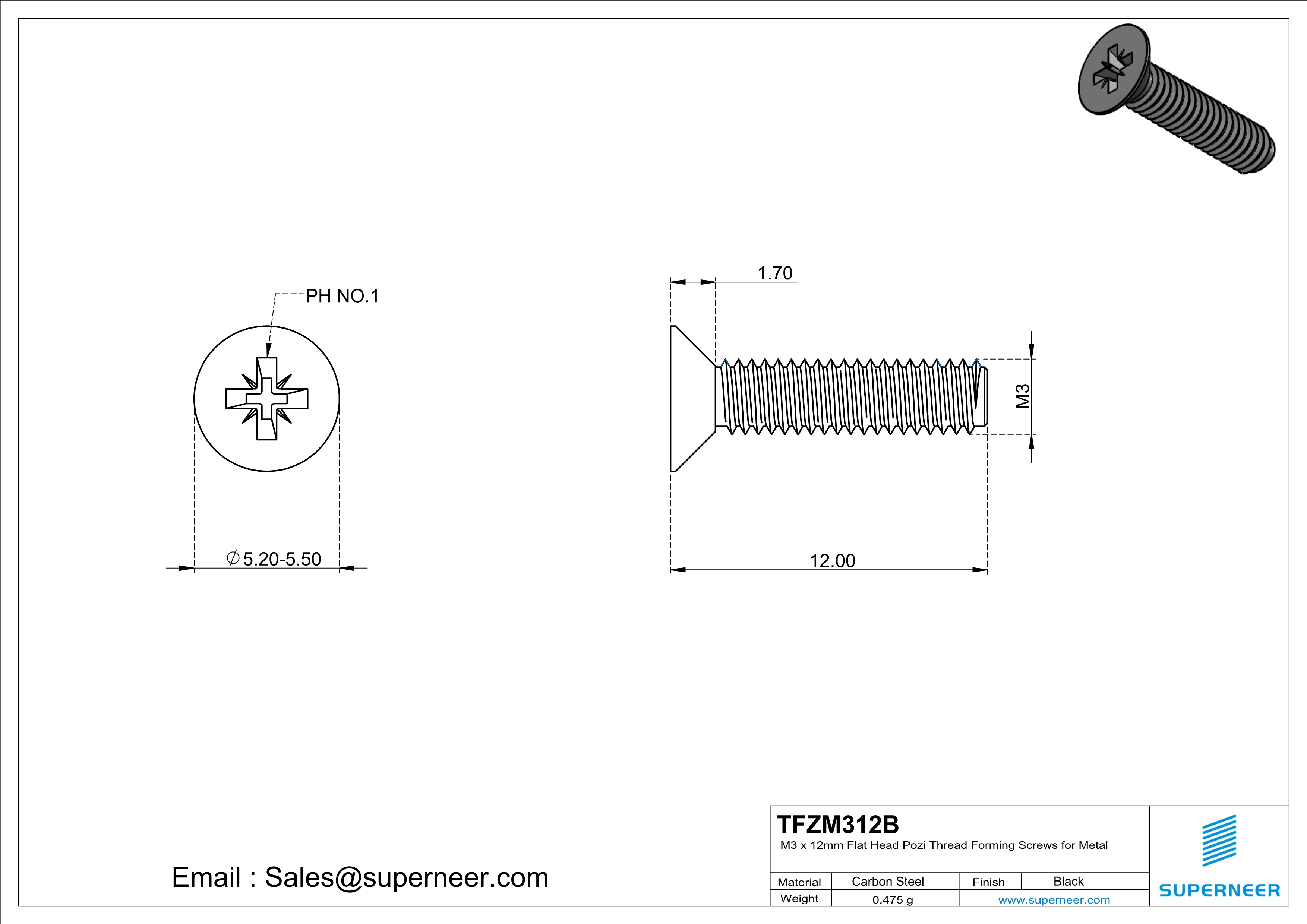 M3 × 12mm Flat Head Pozi Thread Forming Screws for Metal Steel Black