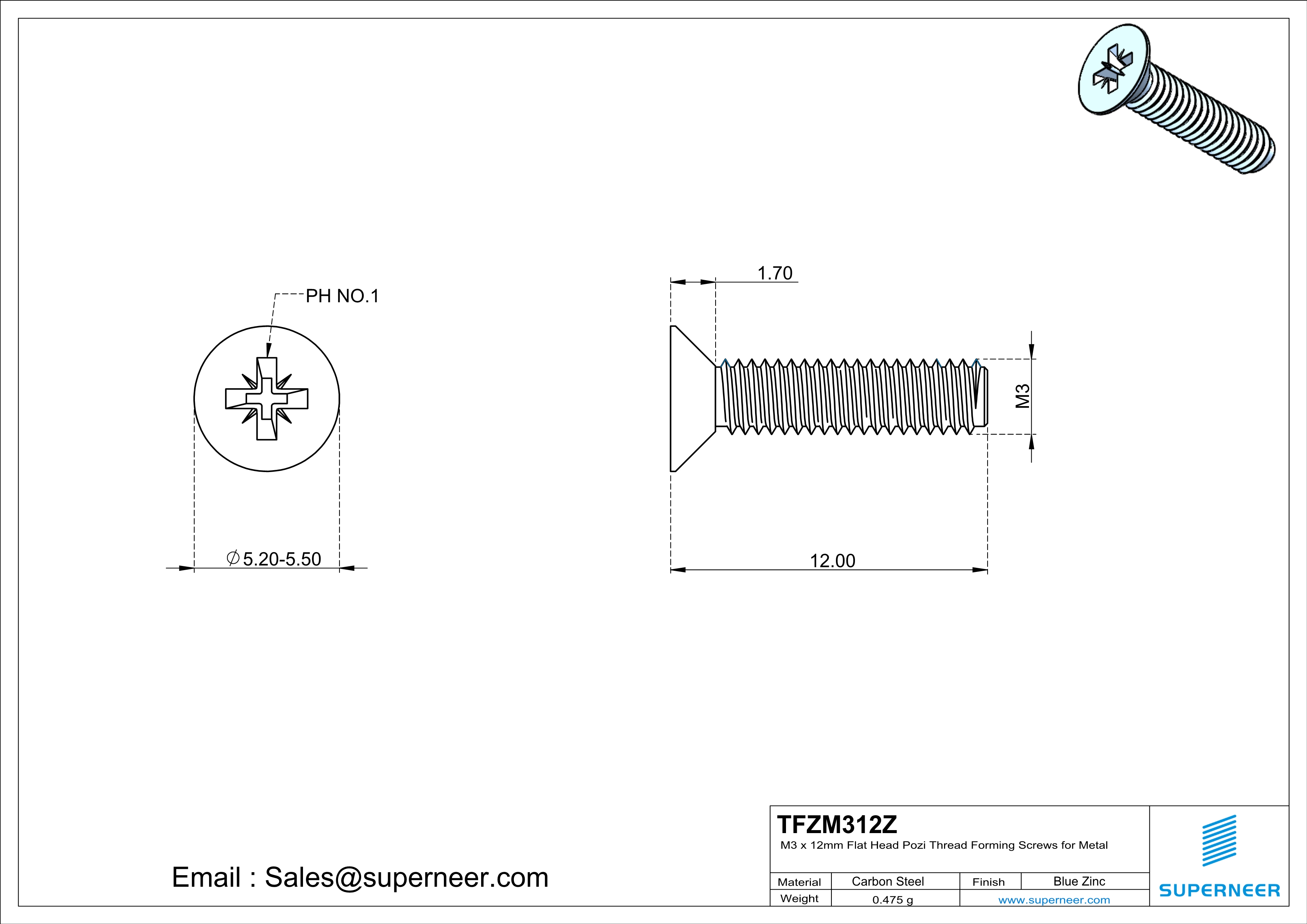 M3 × 12mm Flat Head Pozi Thread Forming Screws for Metal Steel Blue Zinc Plated