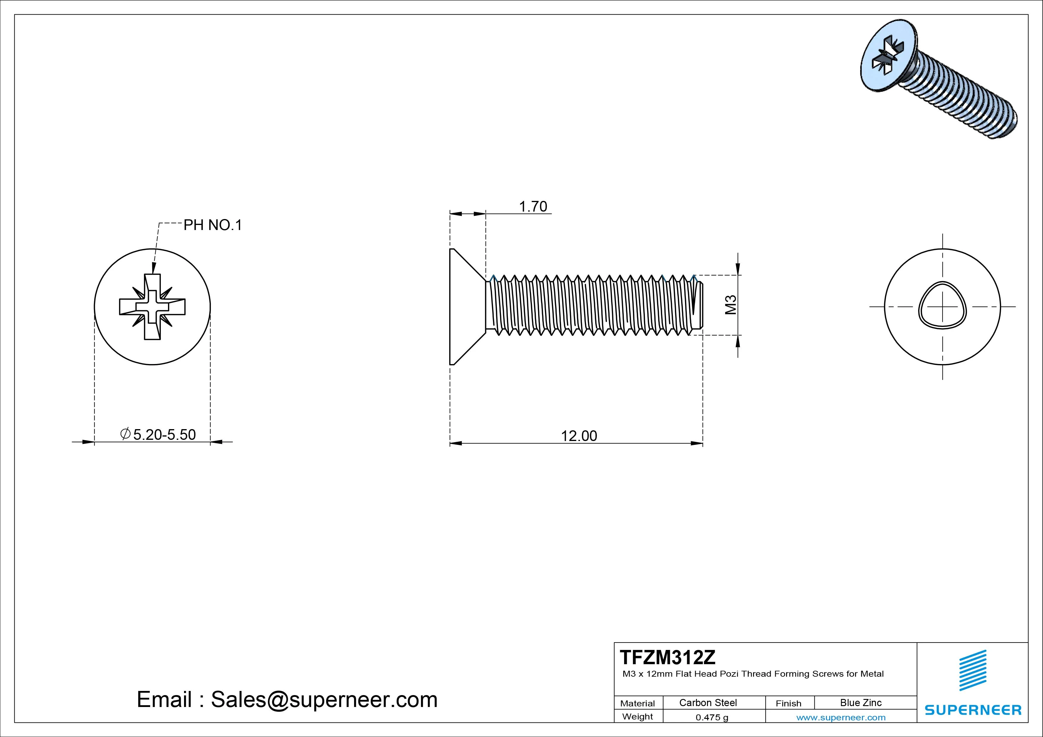 M3 × 12mm Flat Head Pozi Thread Forming Screws for Metal Steel Blue Zinc Plated