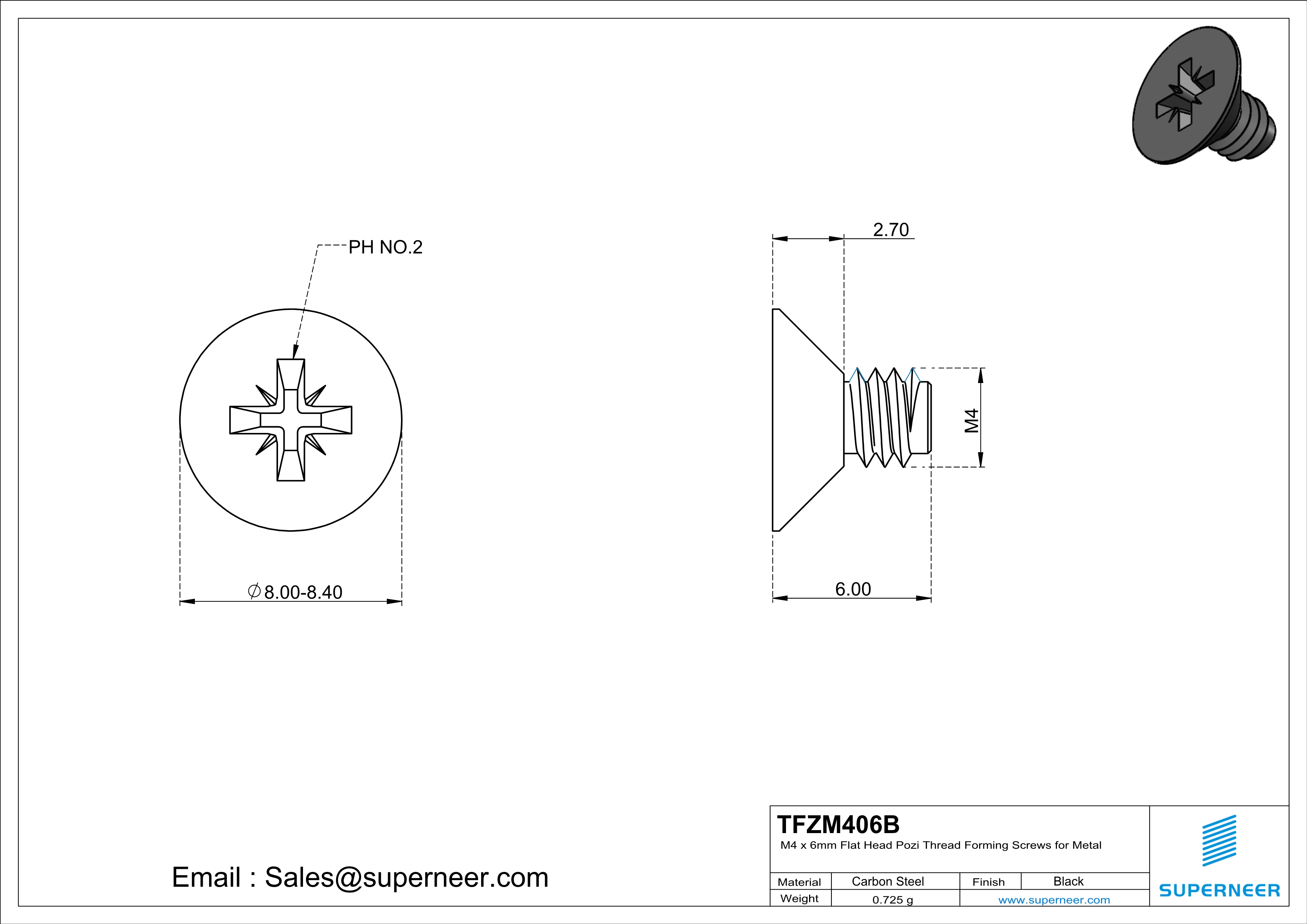 M4 × 6mm Flat Head Pozi Thread Forming Screws for Metal Steel Black