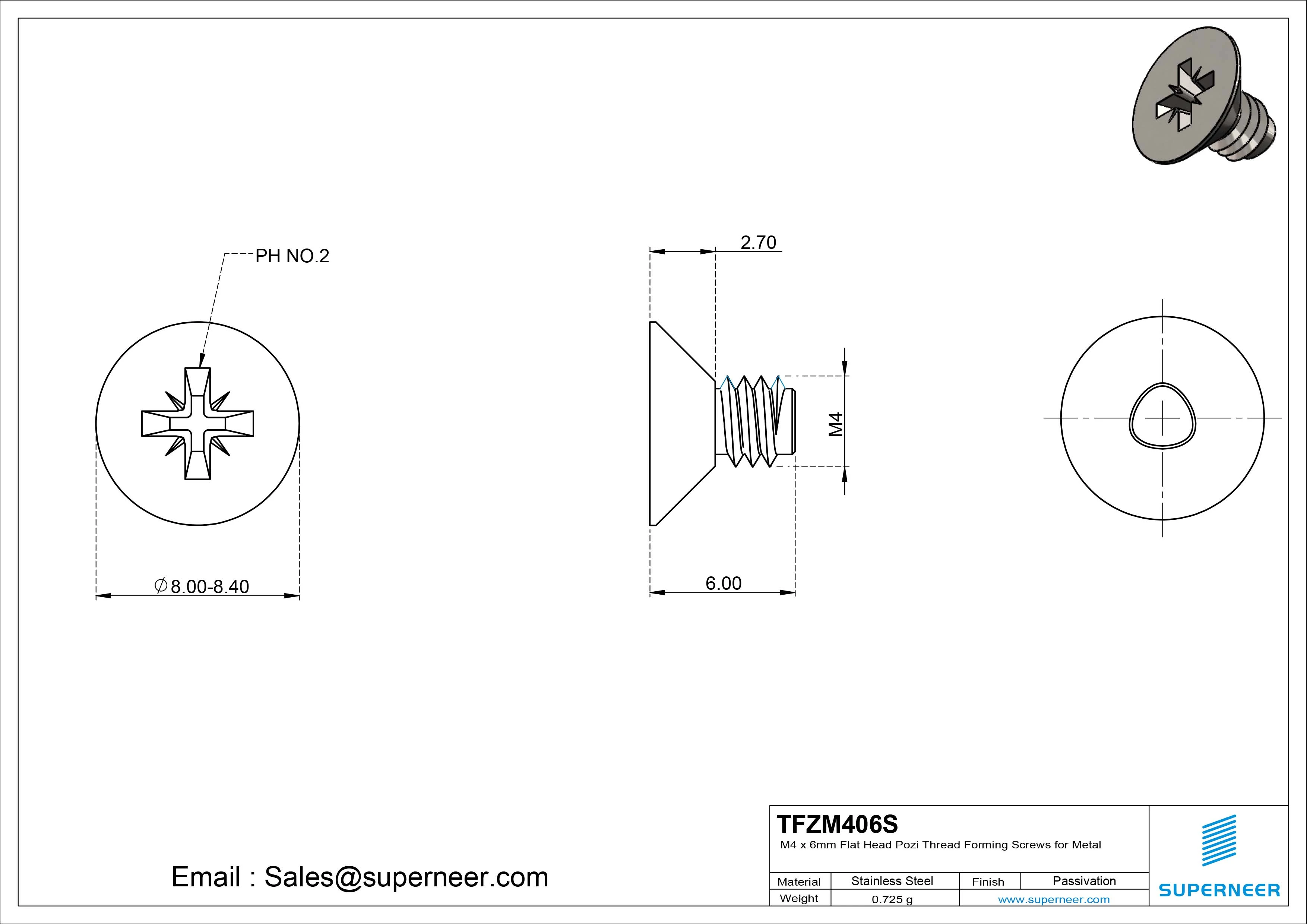 M4 × 6mm Flat Head Pozi Thread Forming Screws for Metal SUS304 Stainless Steel Inox