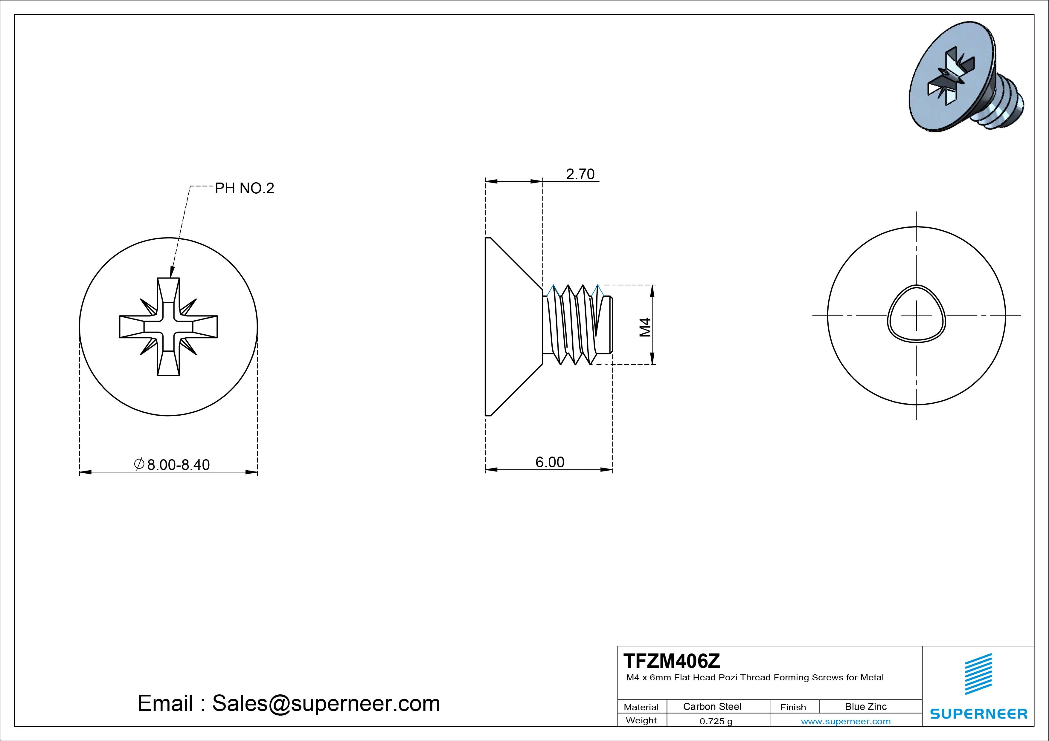 M4 × 6mm Flat Head Pozi Thread Forming Screws for Metal Steel Blue Zinc Plated