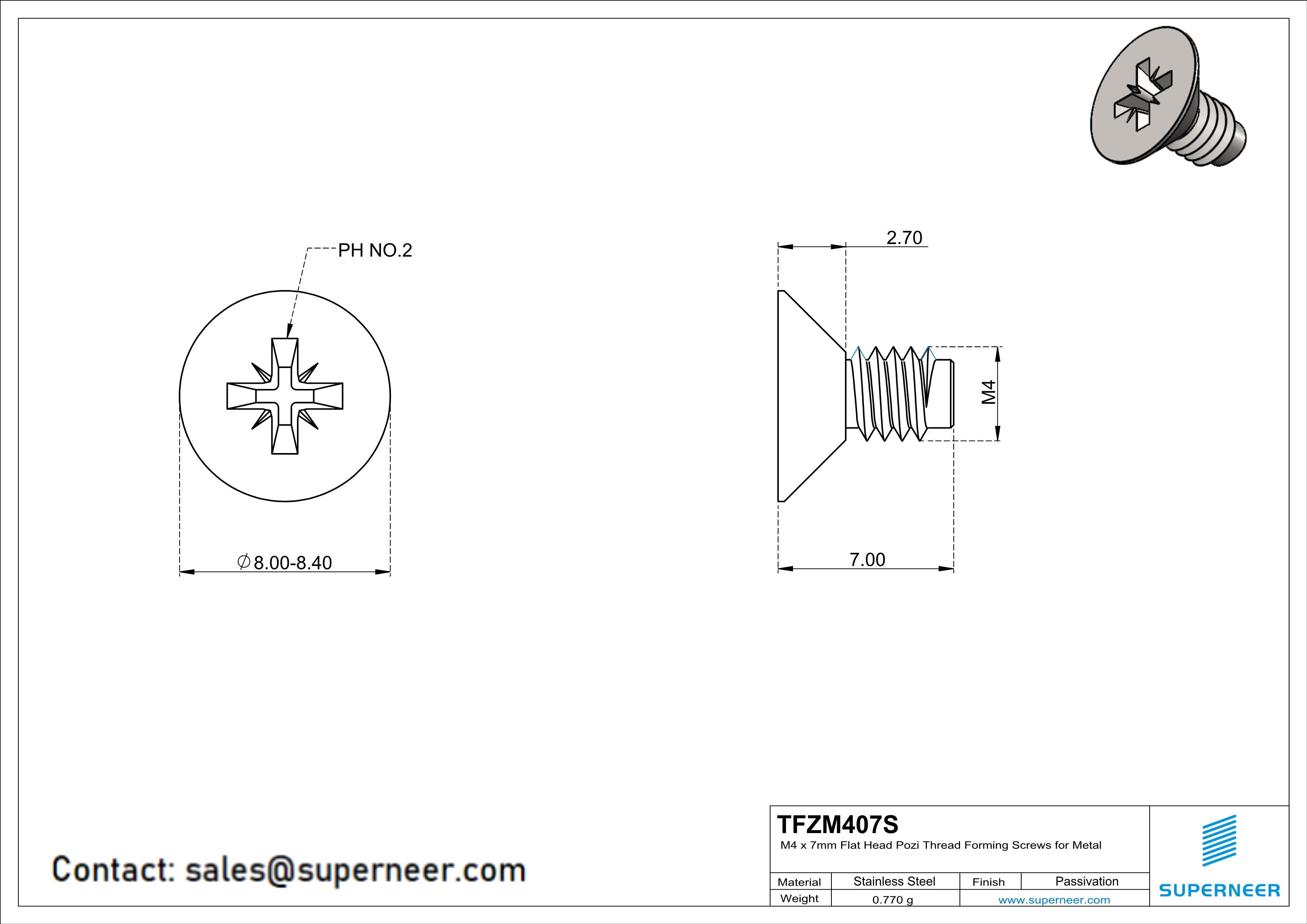 M4 × 7mm Flat Head Pozi Thread Forming Screws for Metal SUS304 Stainless Steel Inox