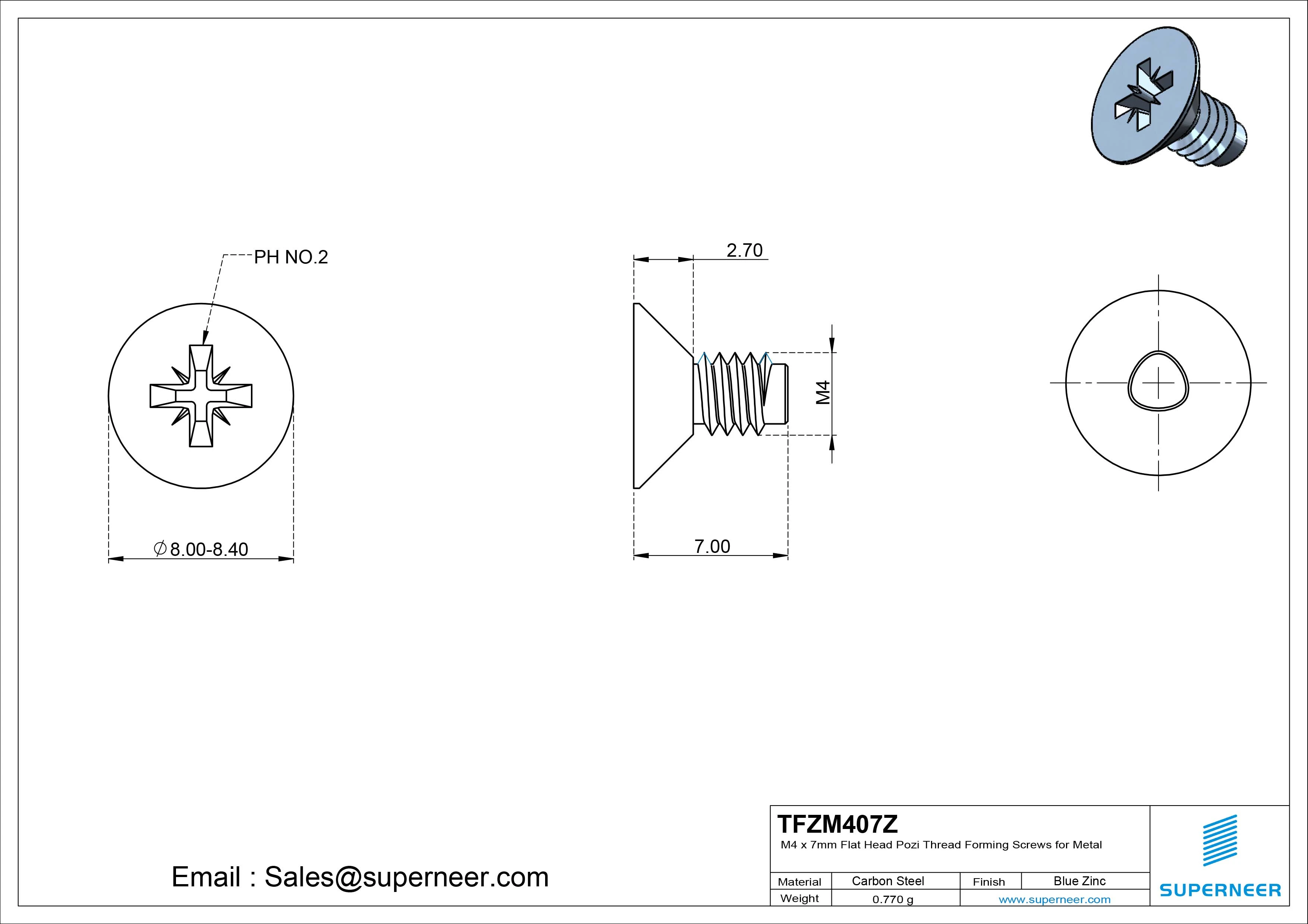 M4 × 7mm Flat Head Pozi Thread Forming Screws for Metal Steel Blue Zinc Plated