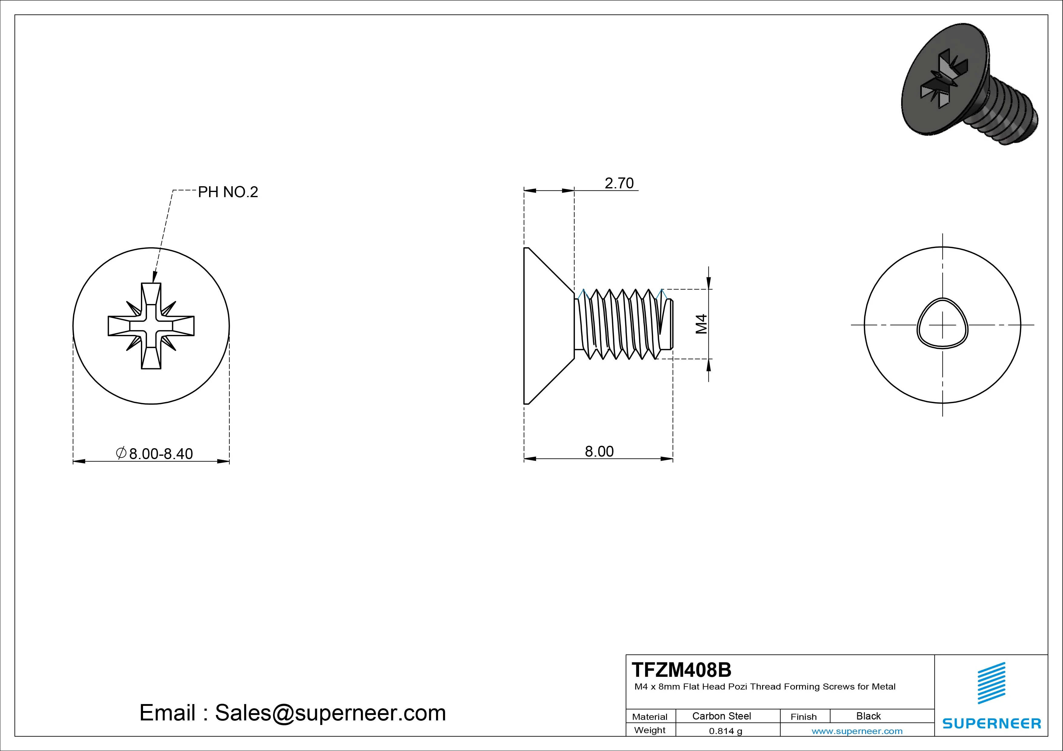 M4 × 8mm Flat Head Pozi Thread Forming Screws for Metal Steel Black