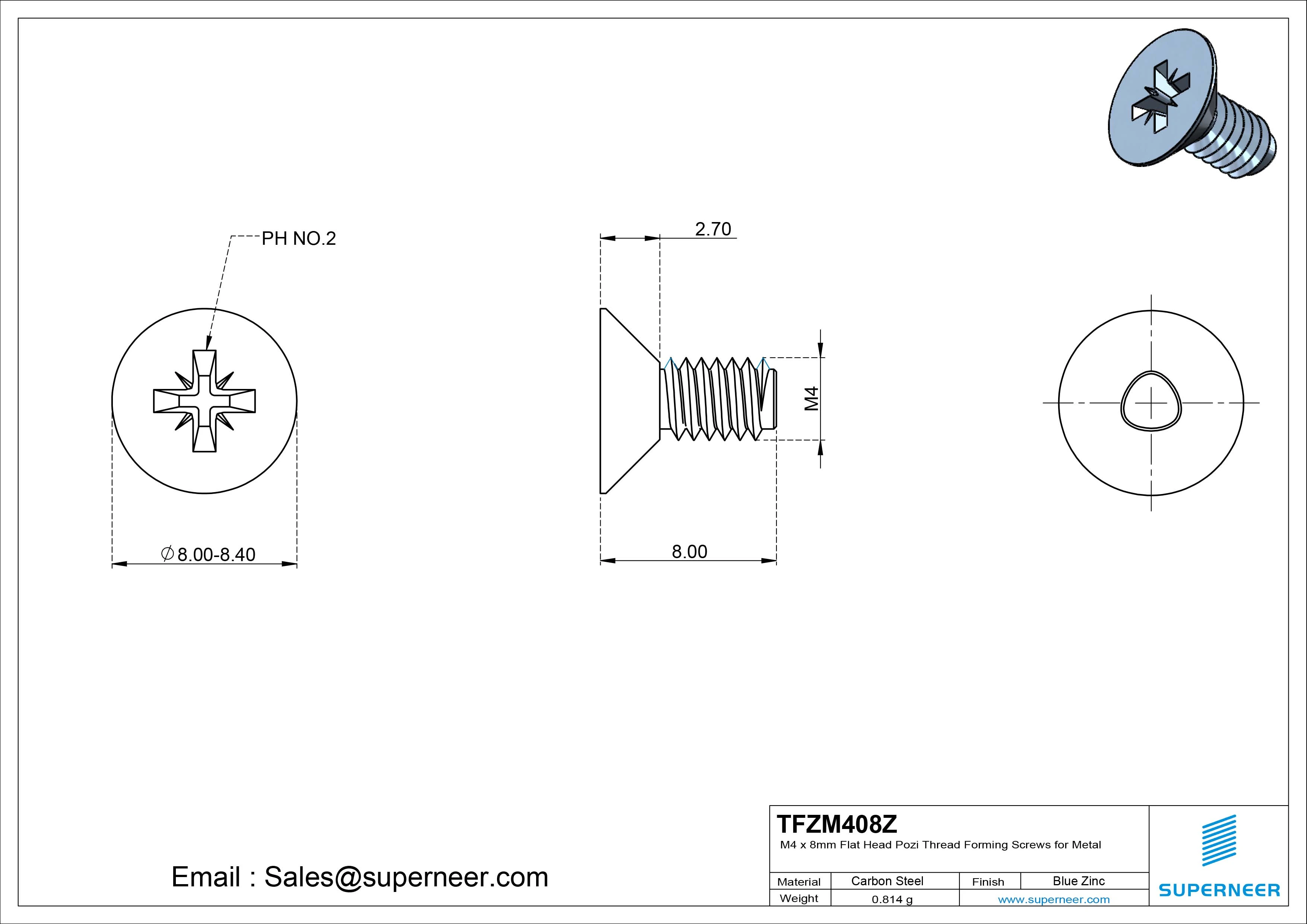 M4 × 8mm Flat Head Pozi Thread Forming Screws for Metal Steel Blue Zinc Plated