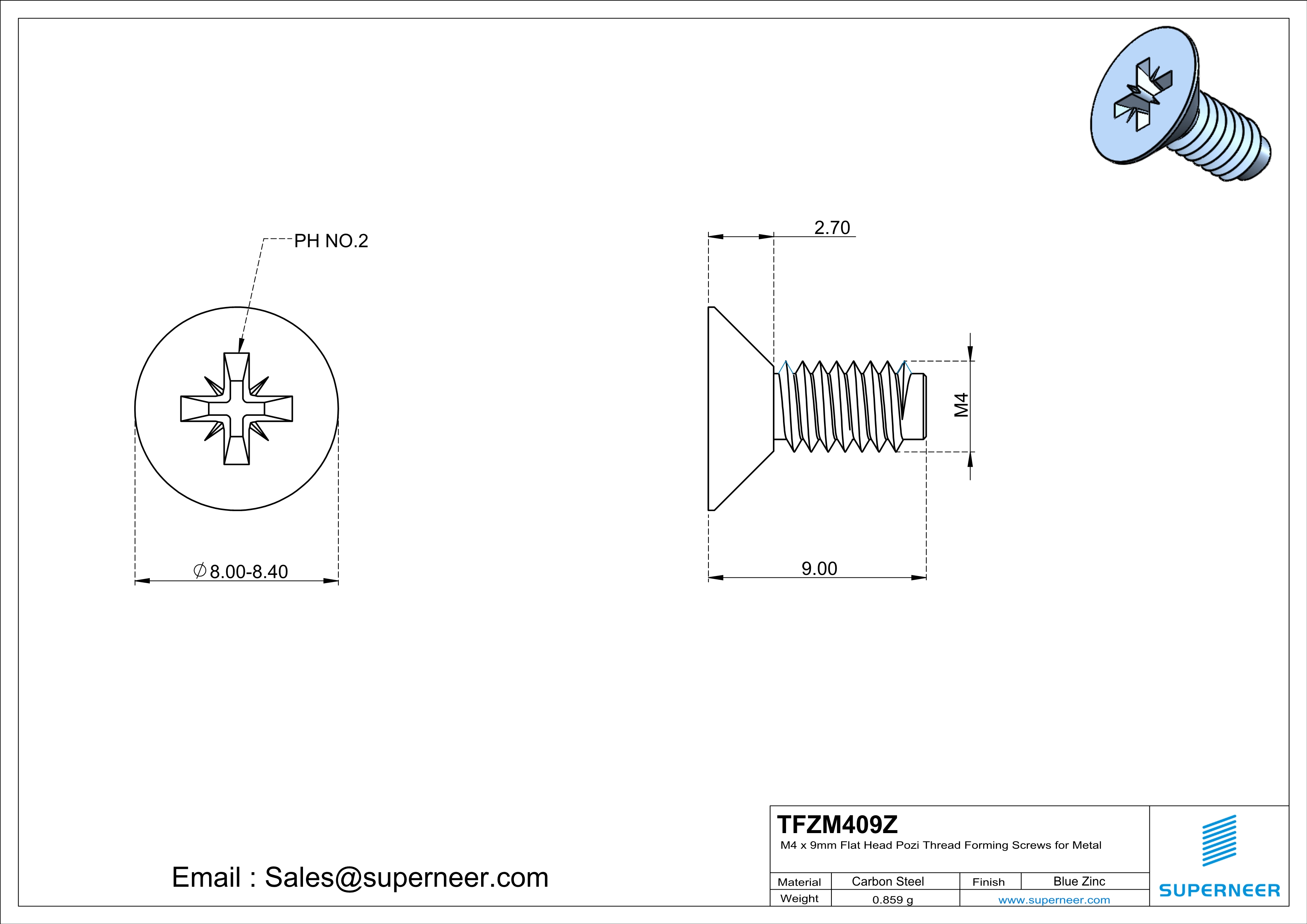 M4 × 9mm Flat Head Pozi Thread Forming Screws for Metal Steel Blue Zinc Plated