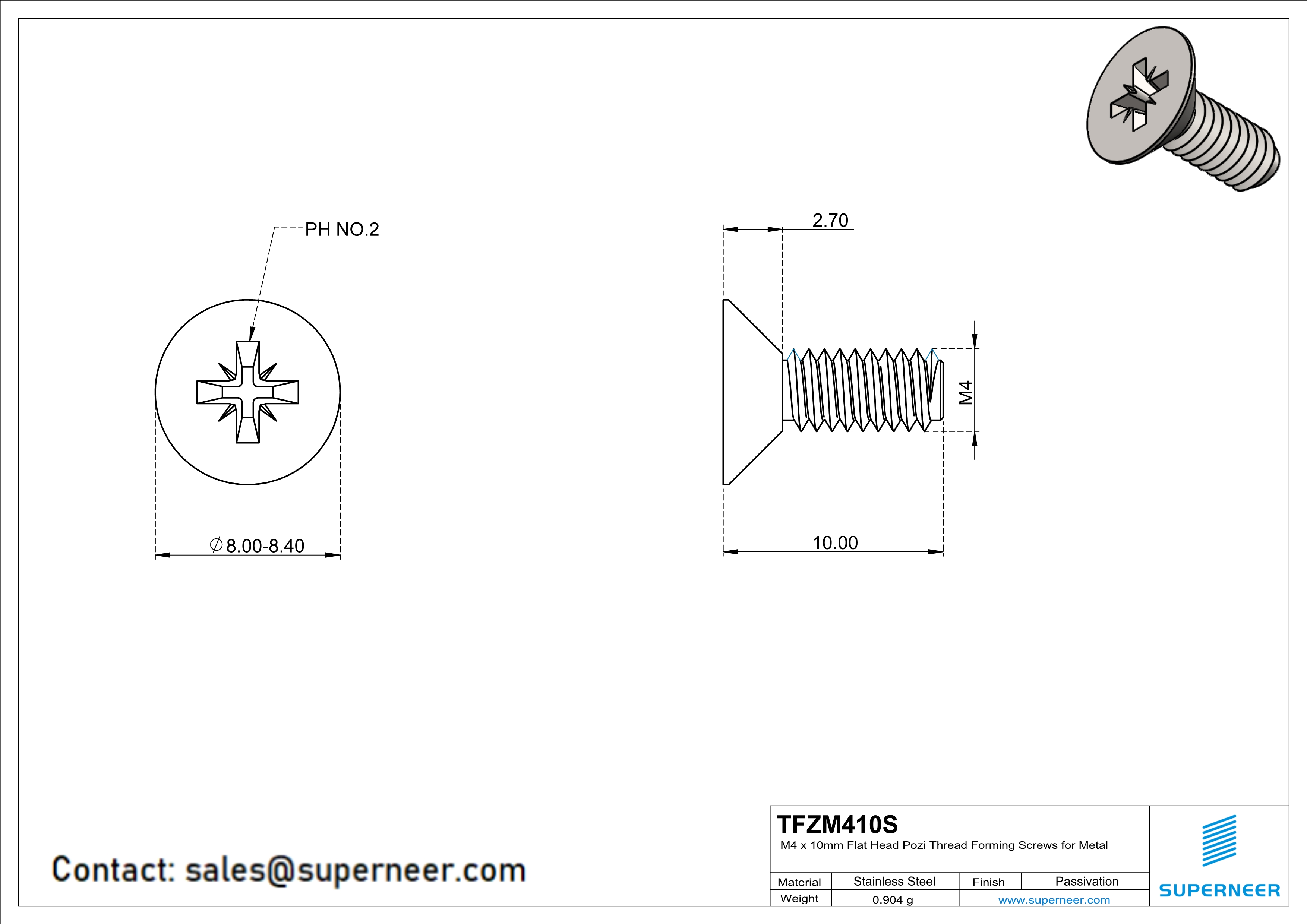 M4 × 10mm Flat Head Pozi Thread Forming Screws for Metal SUS304 Stainless Steel Inox