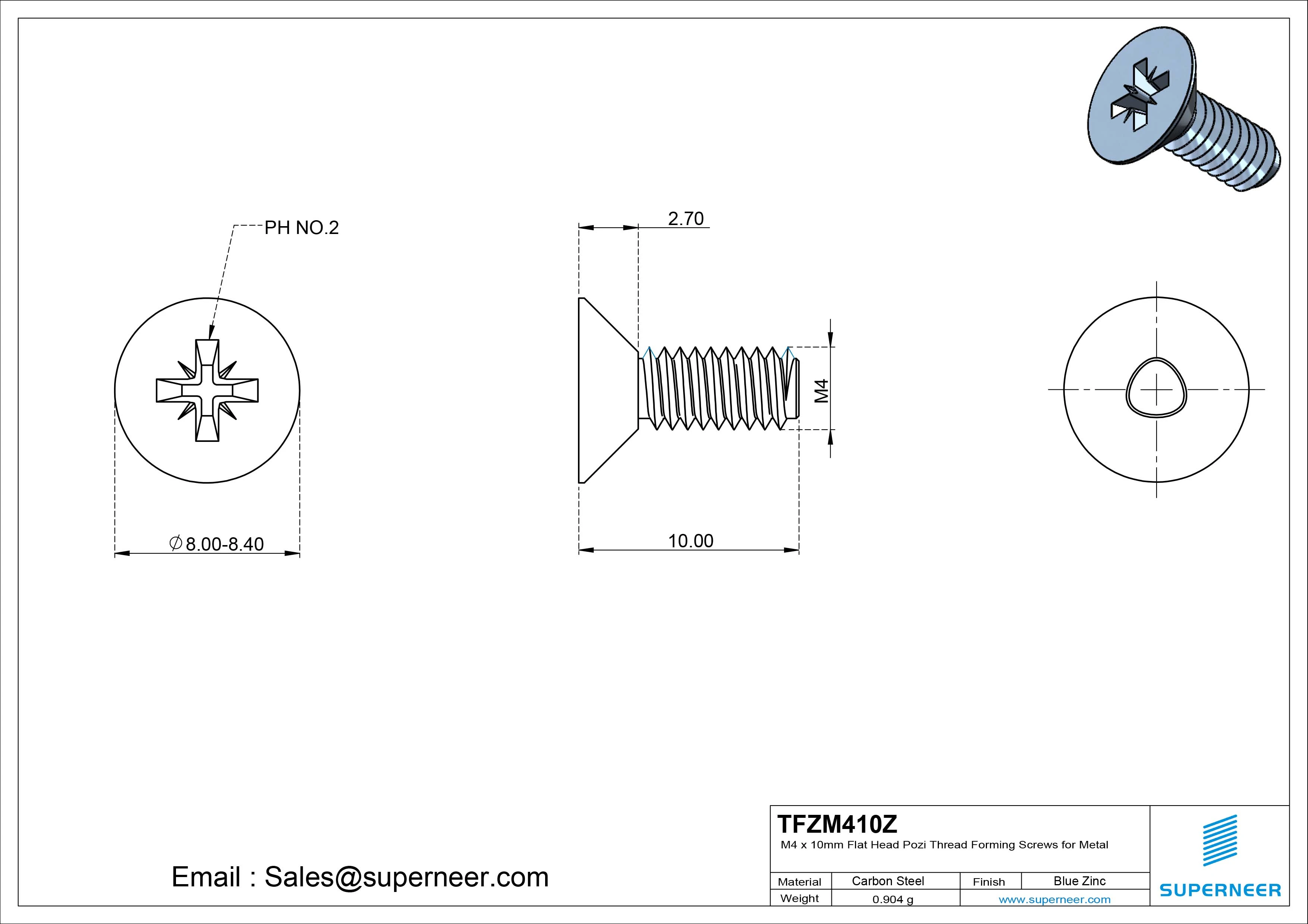 M4 × 10mm Flat Head Pozi Thread Forming Screws for Metal Steel Blue Zinc Plated