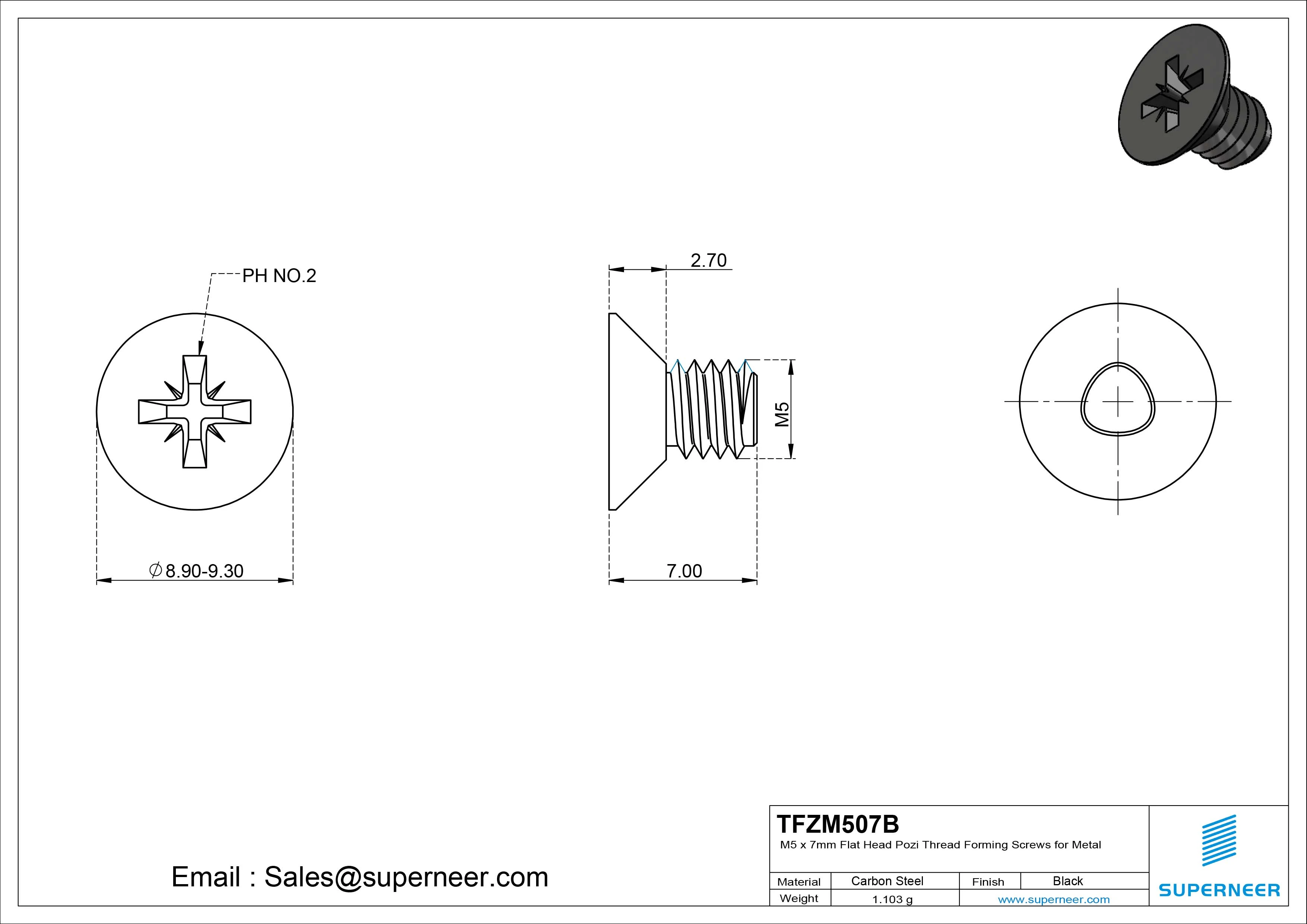 M5 × 7mm Flat Head Pozi Thread Forming Screws for Metal Steel Black