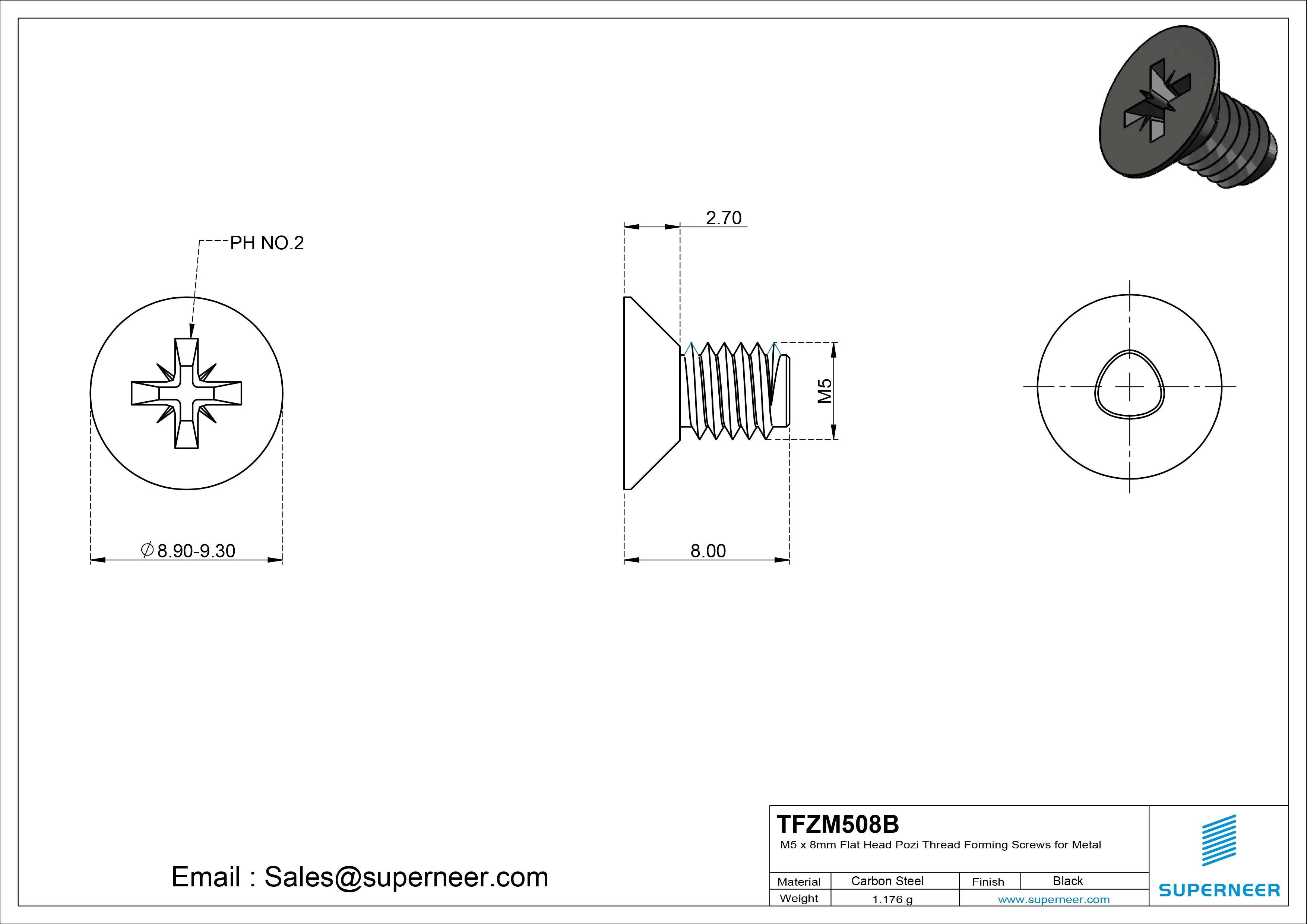 M5 × 8mm Flat Head Pozi Thread Forming Screws for Metal Steel Black