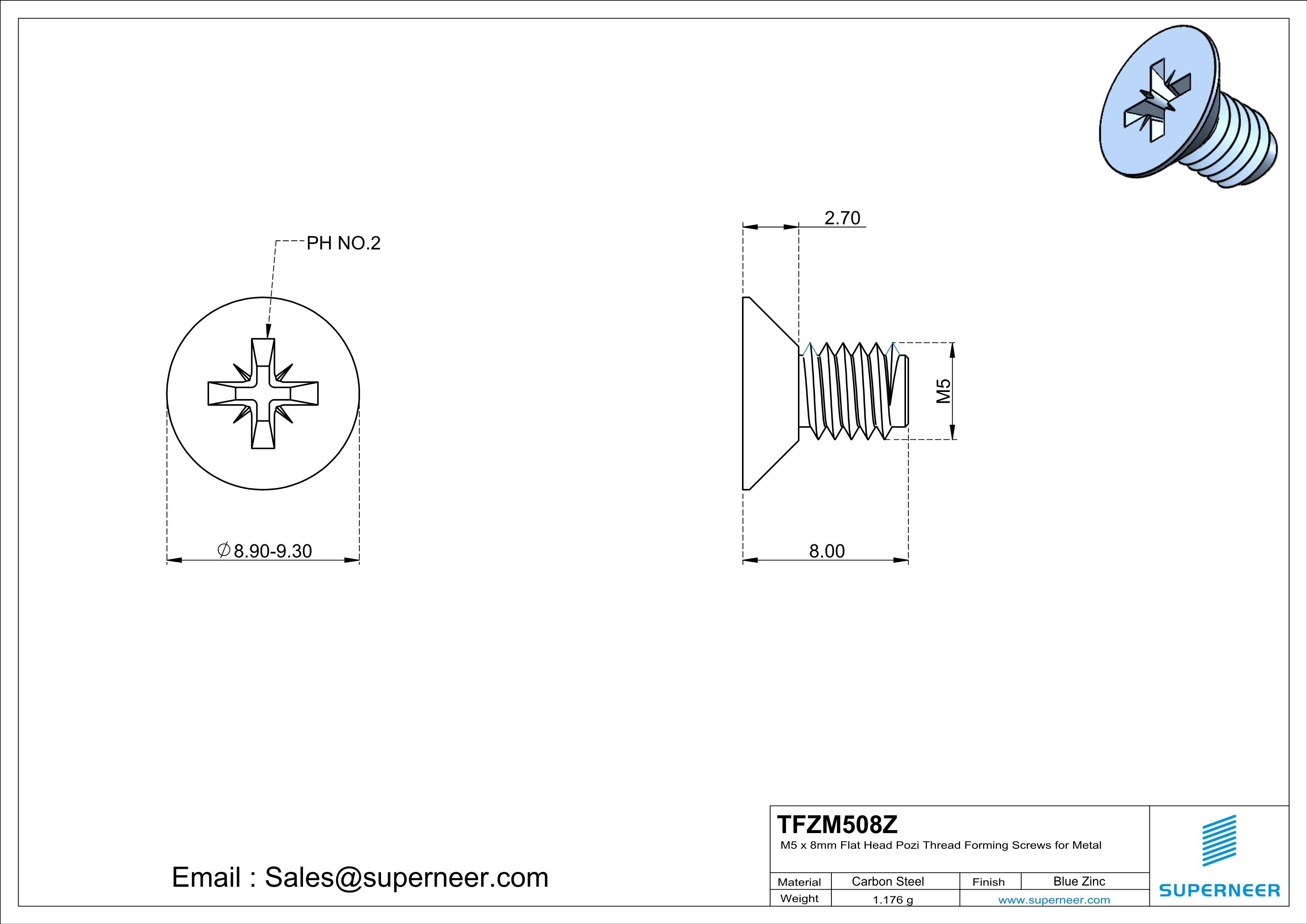 M5 × 8mm Flat Head Pozi Thread Forming Screws for Metal Steel Blue Zinc Plated