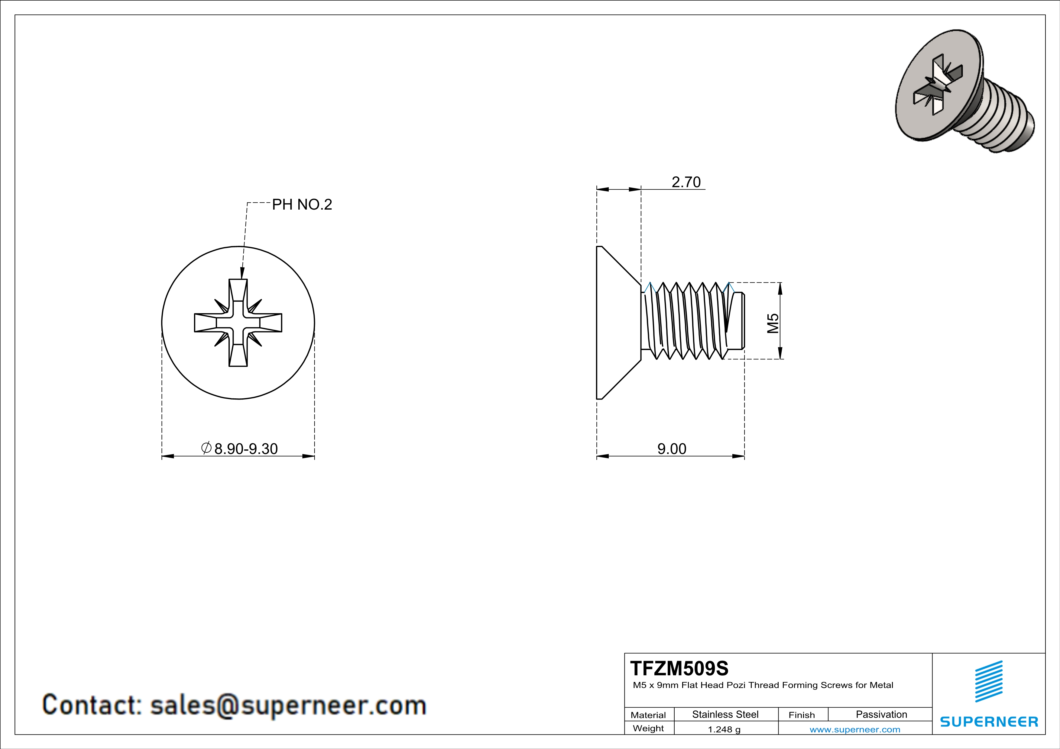 M5 × 9mm Flat Head Pozi Thread Forming Screws for Metal SUS304 Stainless Steel Inox