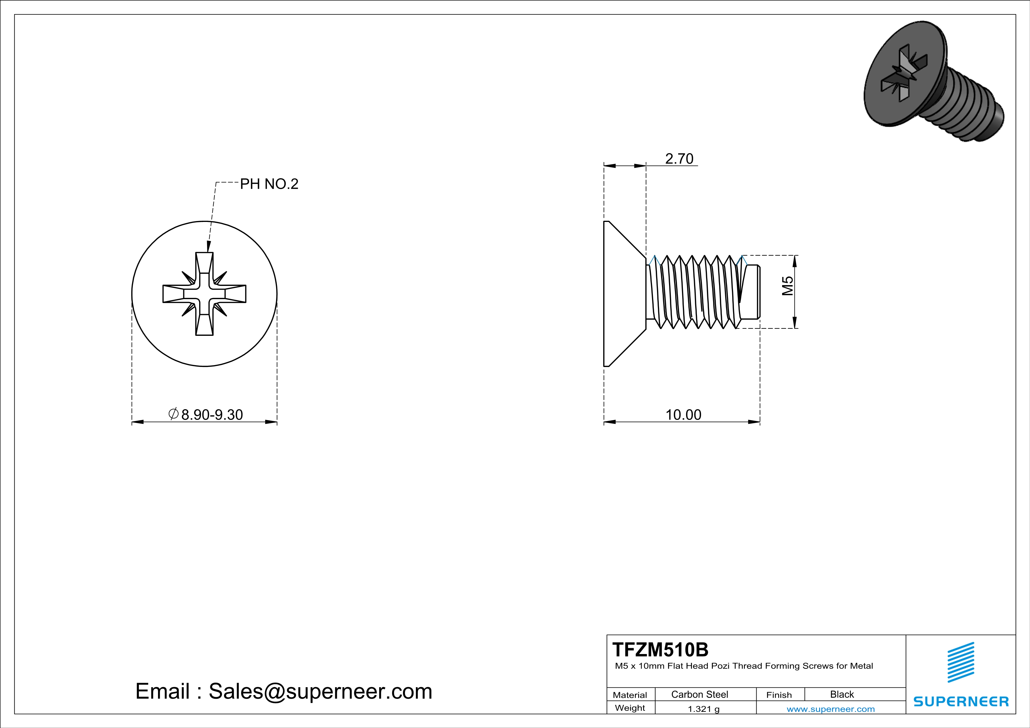 M5 × 10mm Flat Head Pozi Thread Forming Screws for Metal Steel Black