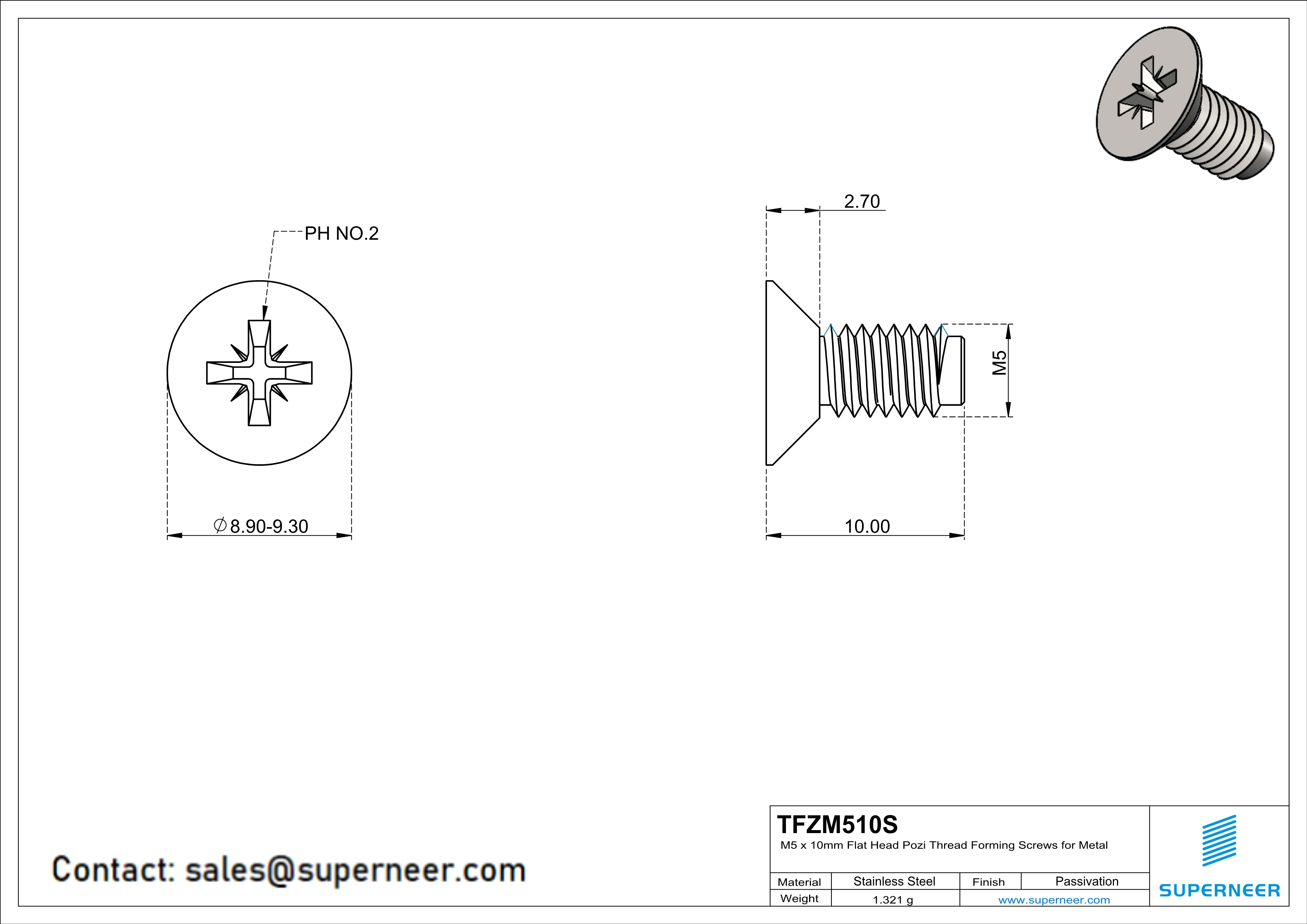 M5 × 10mm Flat Head Pozi Thread Forming Screws for Metal SUS304 Stainless Steel Inox