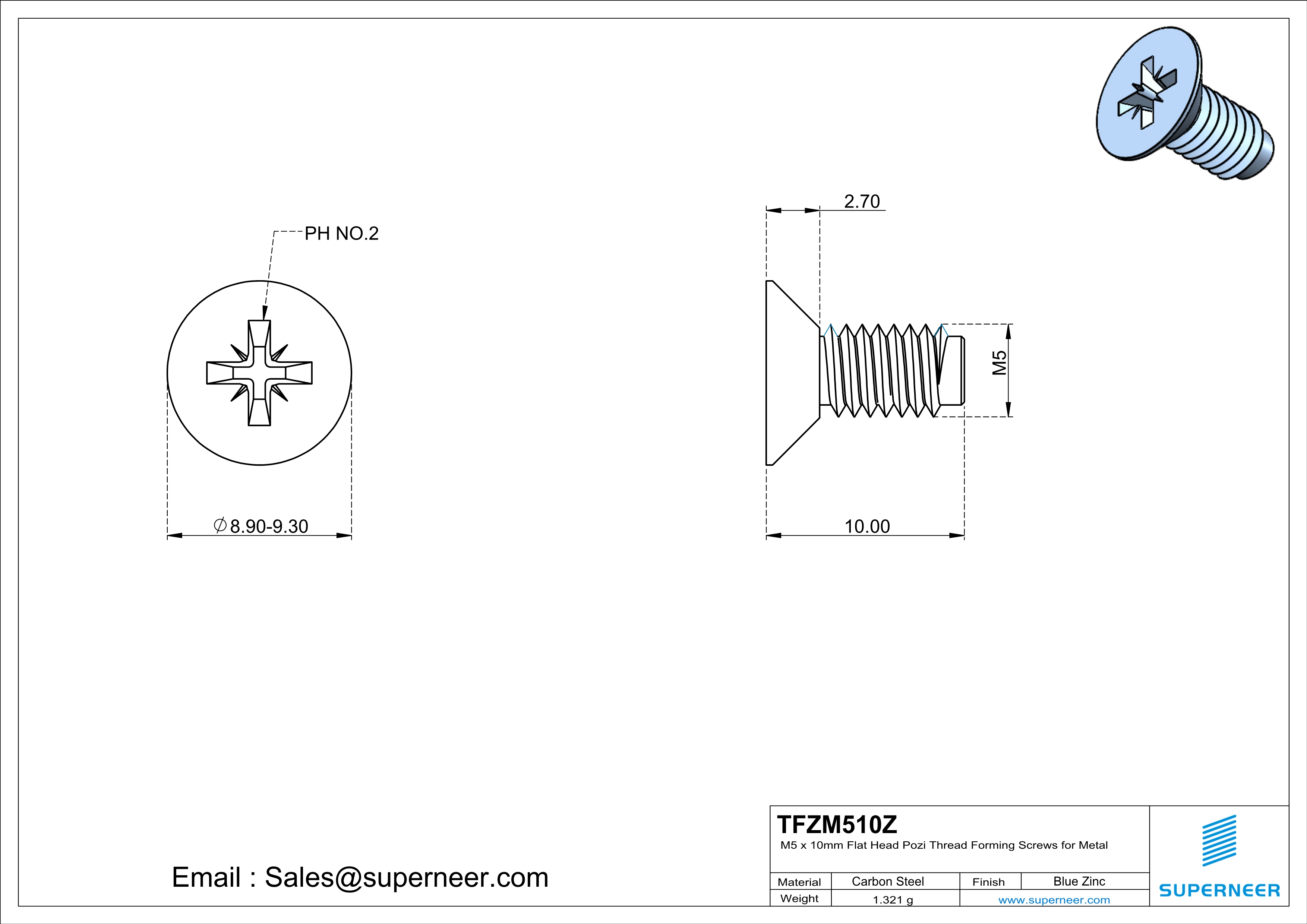 M5 × 10mm Flat Head Pozi Thread Forming Screws for Metal Steel Blue Zinc Plated