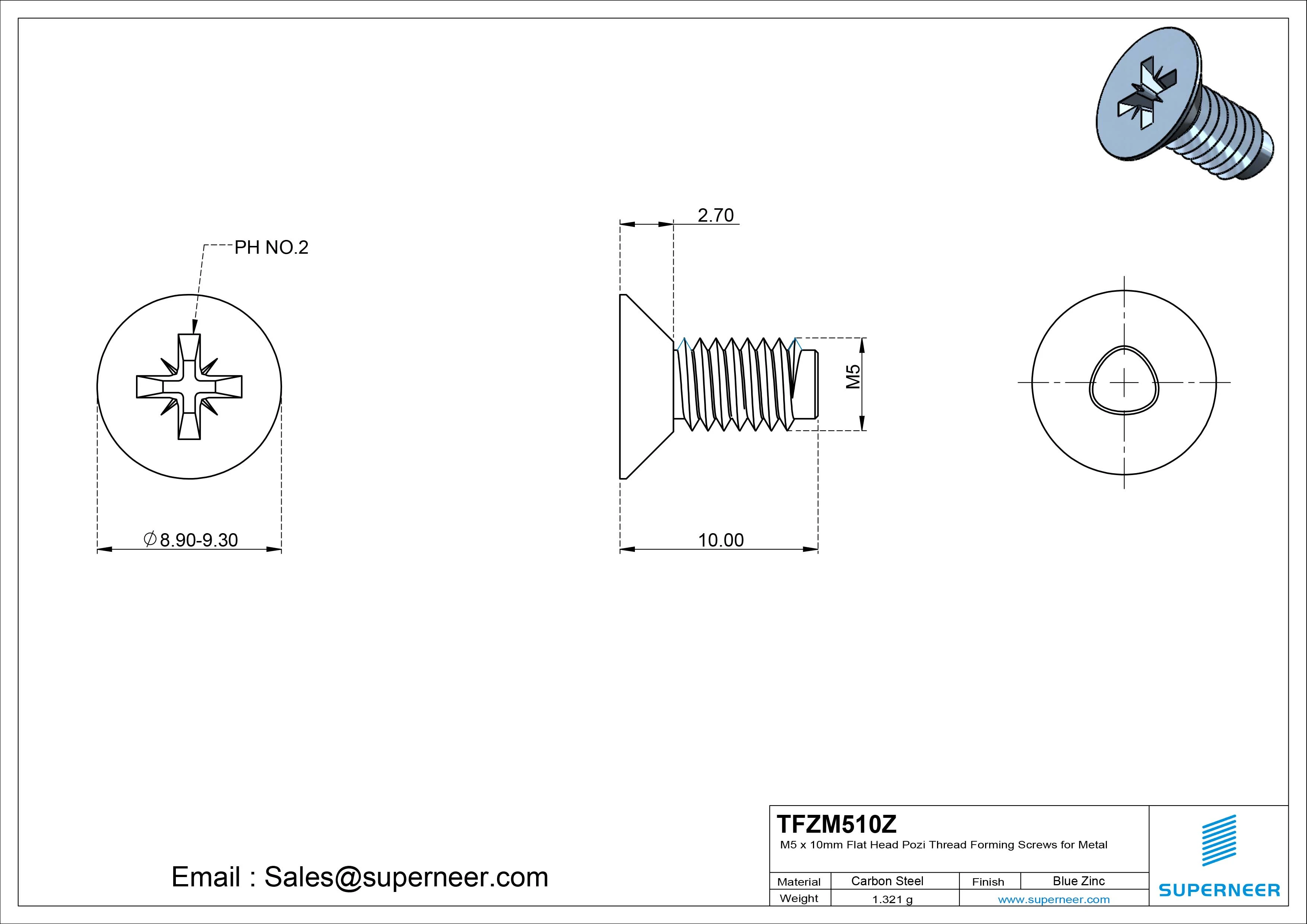 M5 × 10mm Flat Head Pozi Thread Forming Screws for Metal Steel Blue Zinc Plated