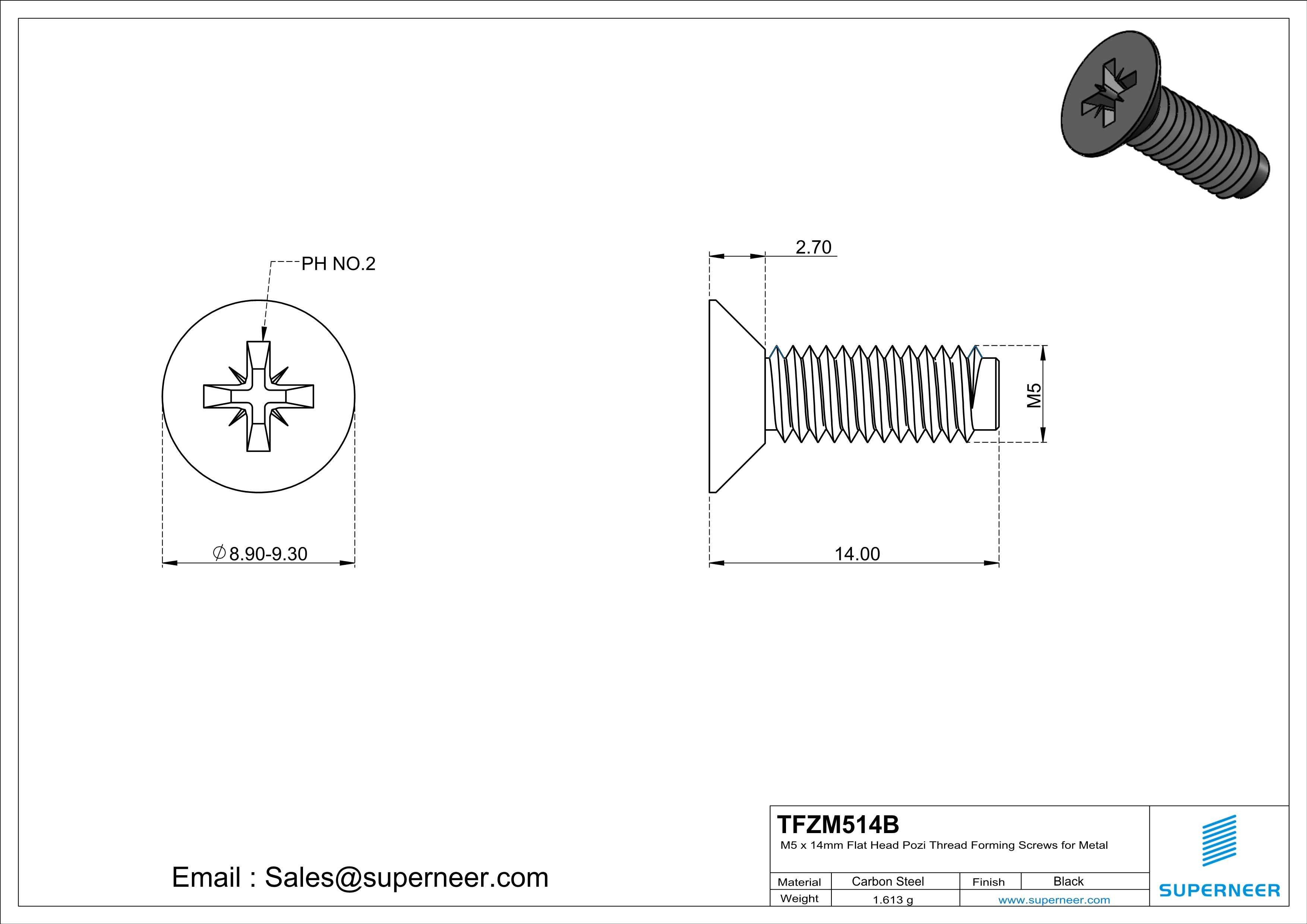 M5 × 14mm Flat Head Pozi Thread Forming Screws for Metal Steel Black