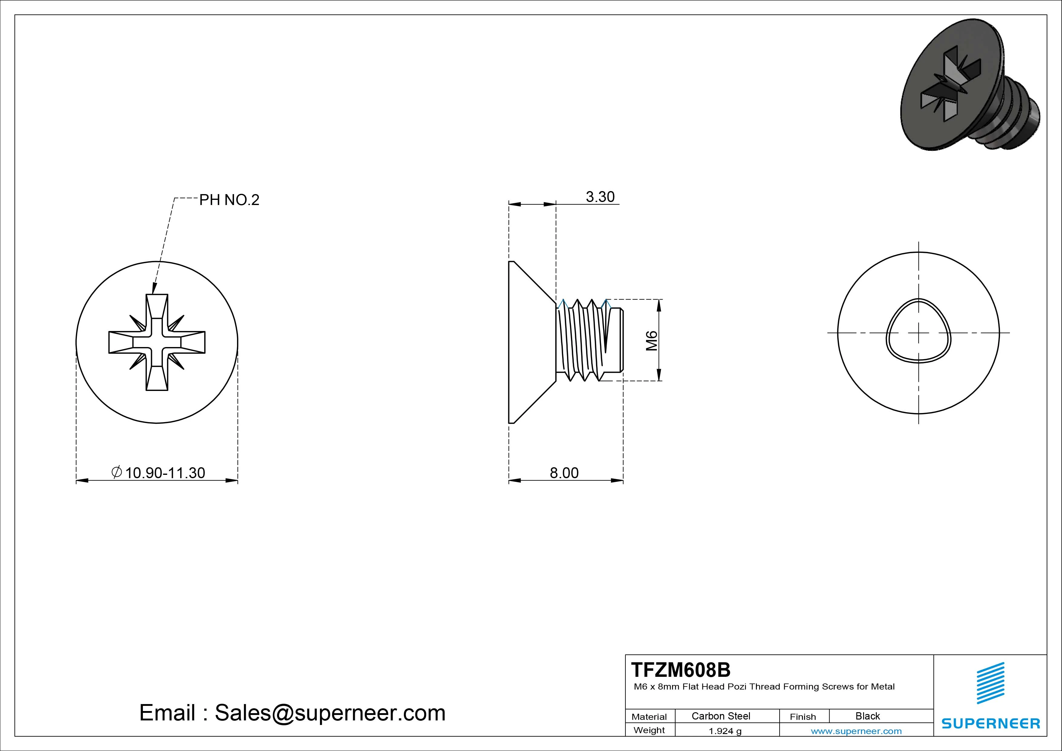 M6 × 8mm Flat Head Pozi Thread Forming Screws for Metal Steel Black