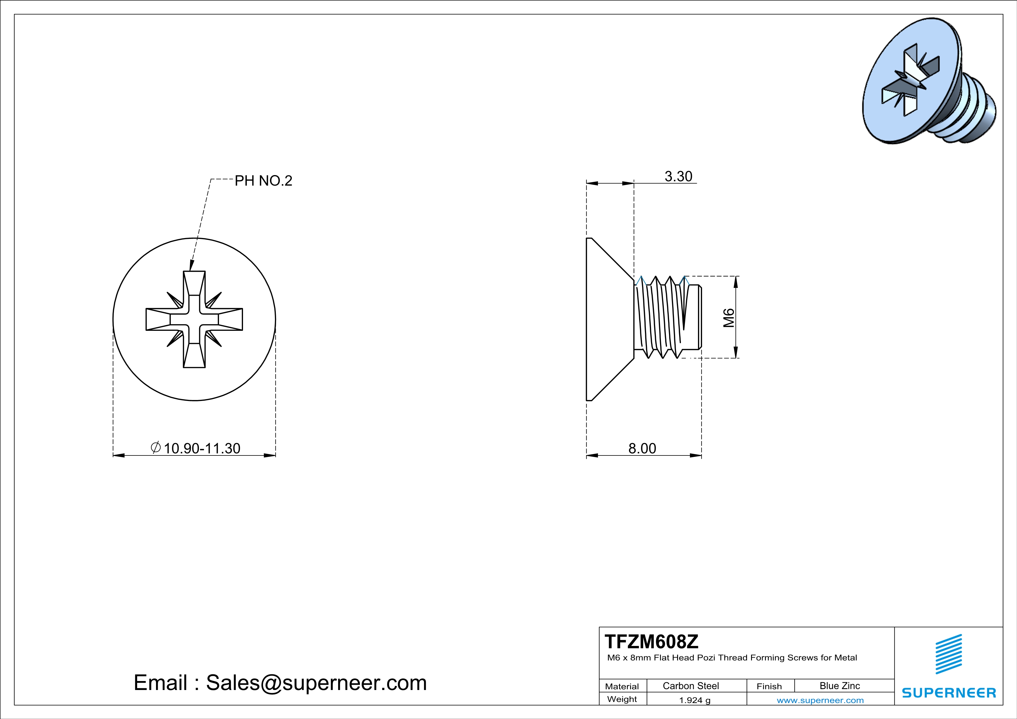 M6 × 8mm Flat Head Pozi Thread Forming Screws for Metal Steel Blue Zinc Plated