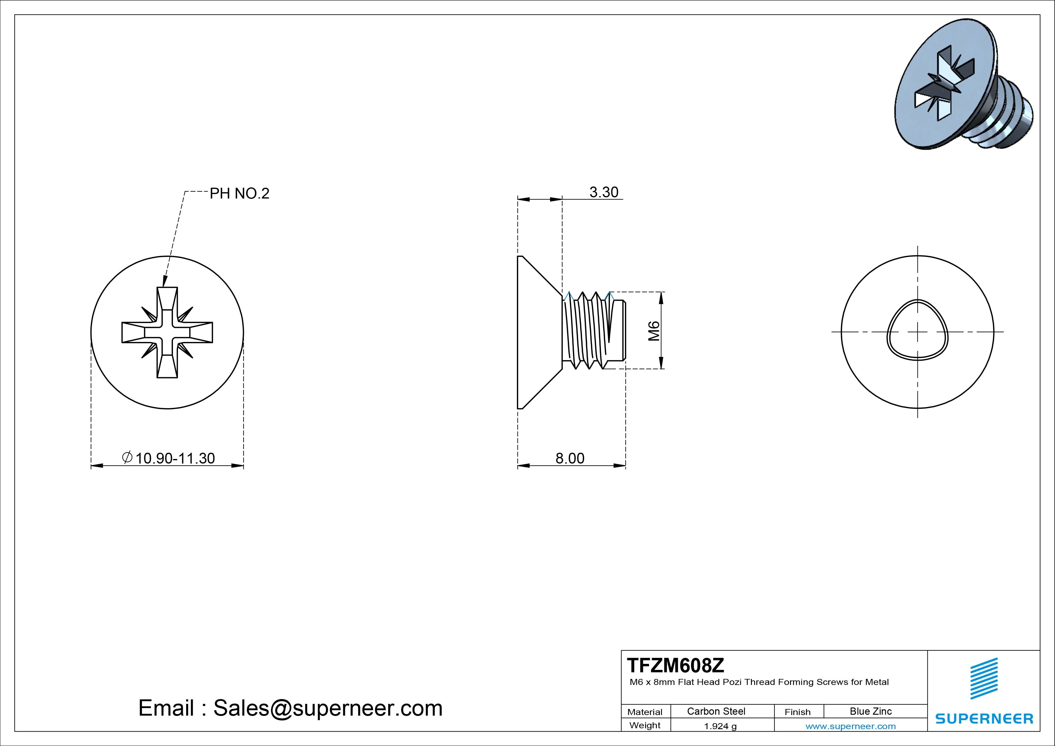 M6 × 8mm Flat Head Pozi Thread Forming Screws for Metal Steel Blue Zinc Plated