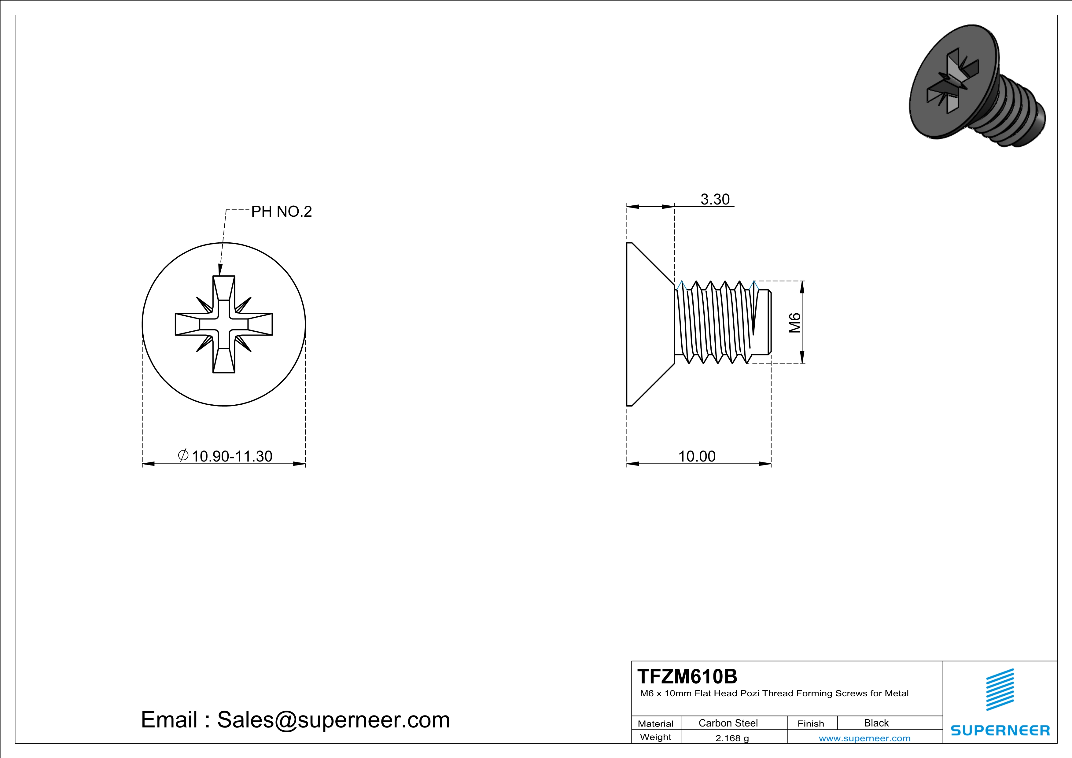 M6 × 10mm Flat Head Pozi Thread Forming Screws for Metal Steel Black