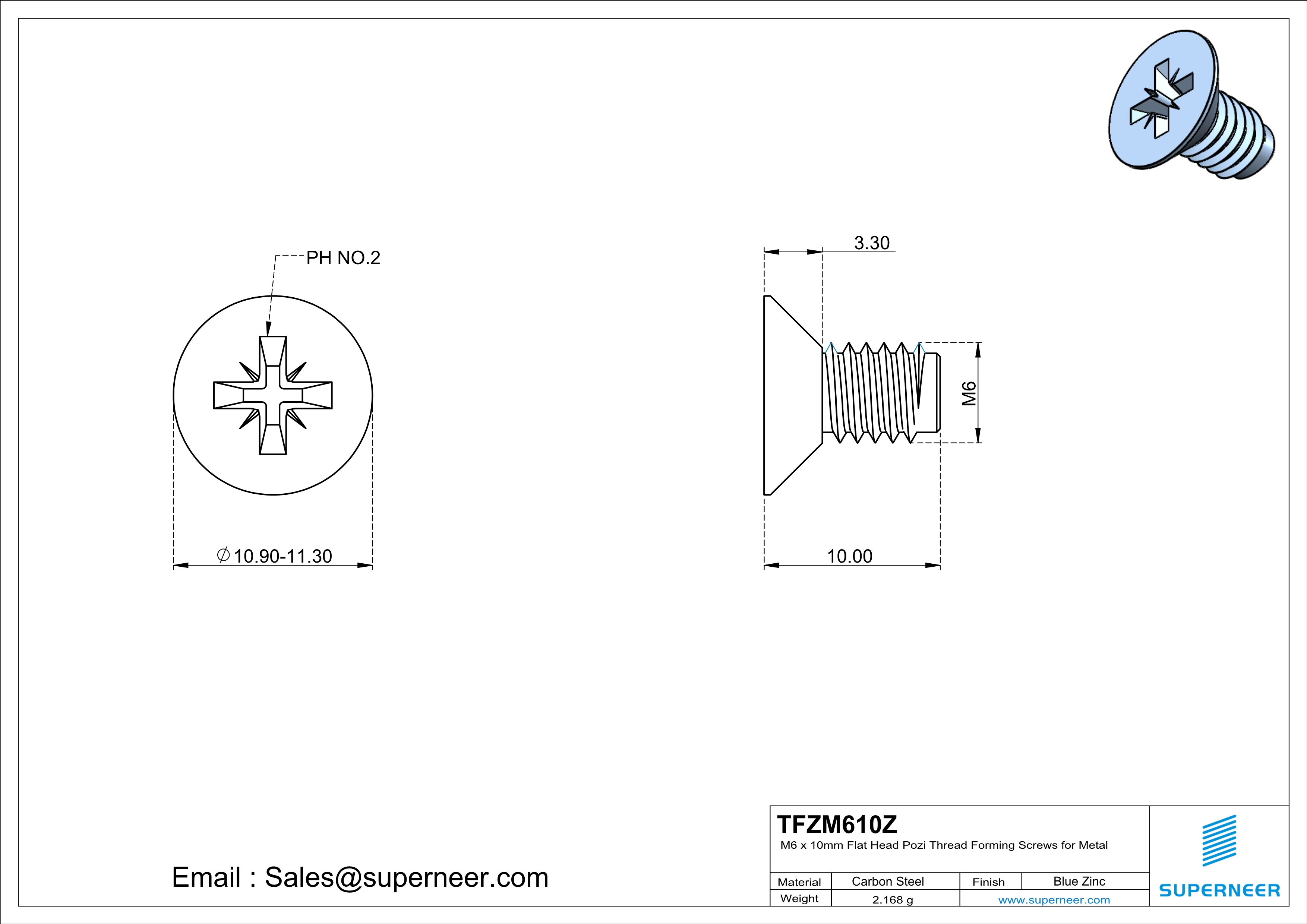 M6 × 10mm Flat Head Pozi Thread Forming Screws for Metal Steel Blue Zinc Plated