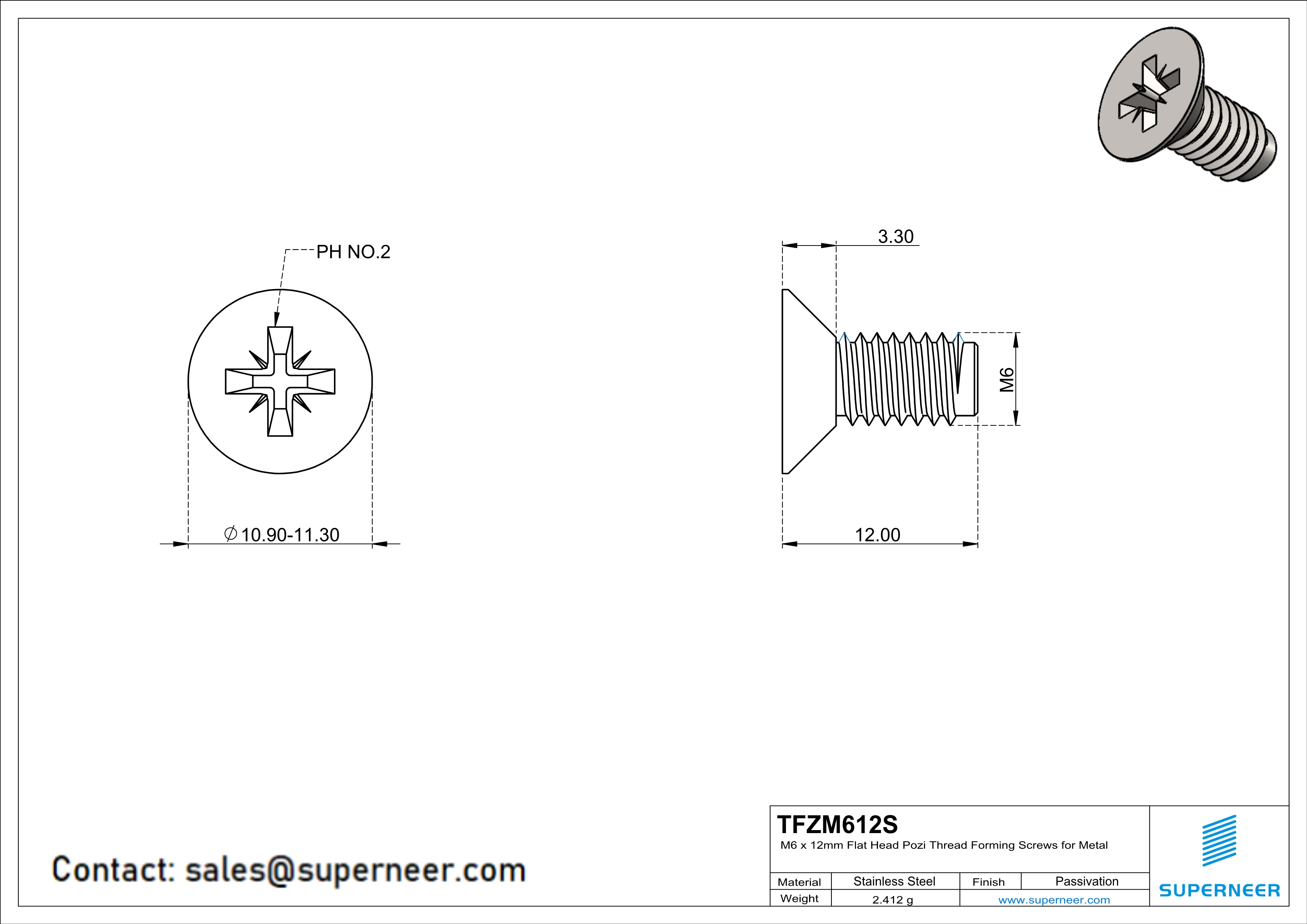 M6 × 12mm Flat Head Pozi Thread Forming Screws for Metal SUS304 Stainless Steel Inox