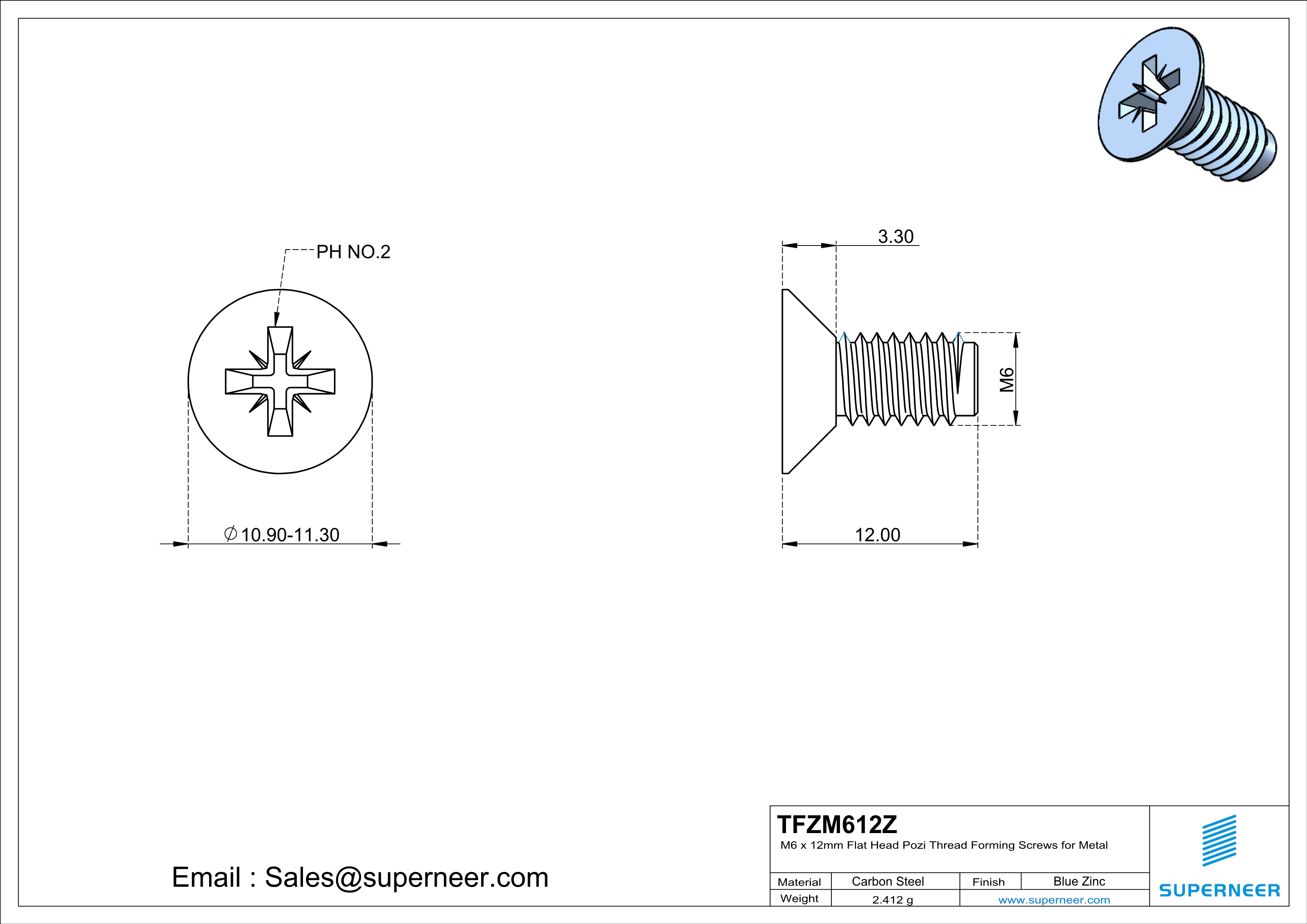 M6 × 12mm Flat Head Pozi Thread Forming Screws for Metal Steel Blue Zinc Plated