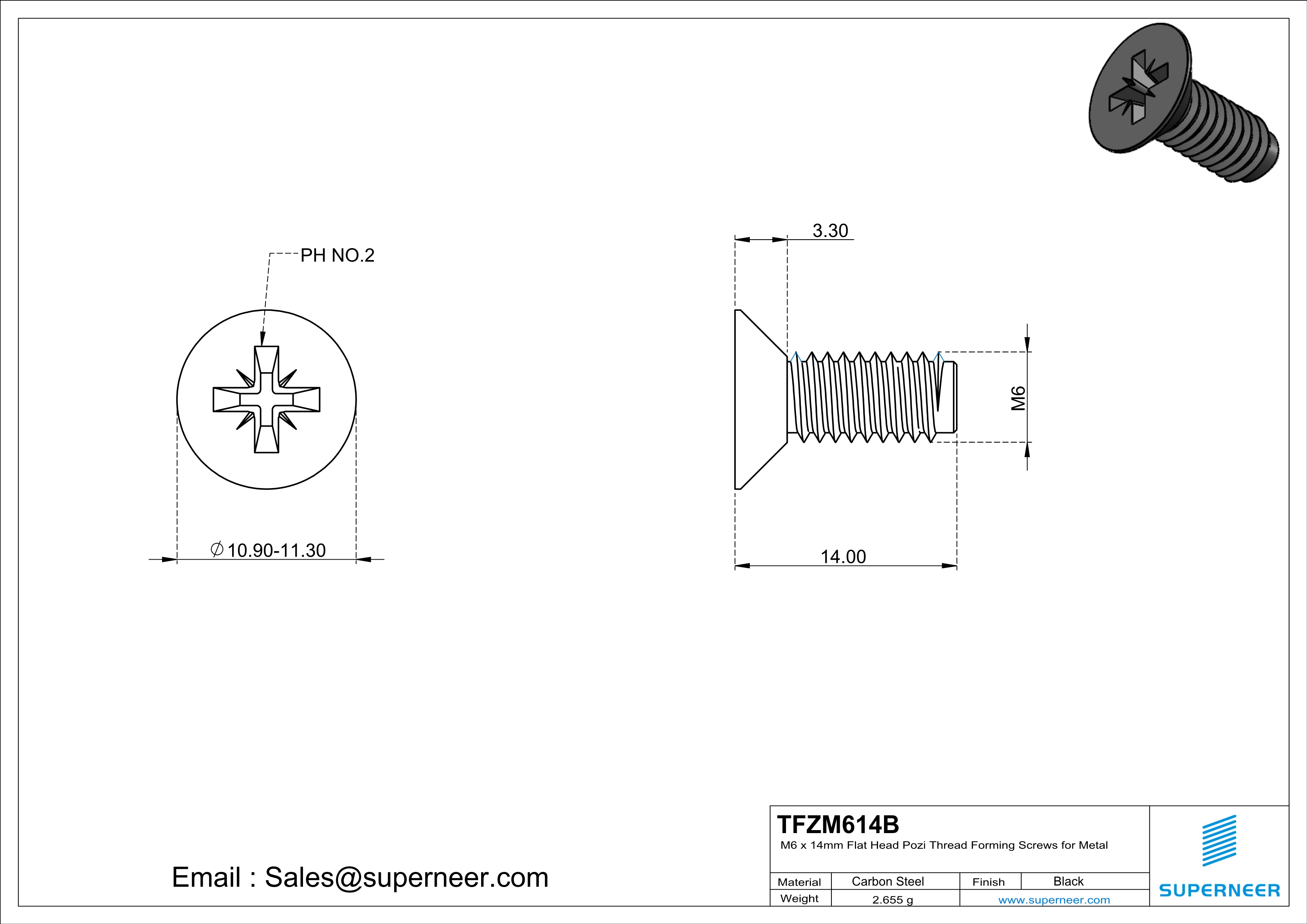 M6 × 14mm Flat Head Pozi Thread Forming Screws for Metal Steel Black