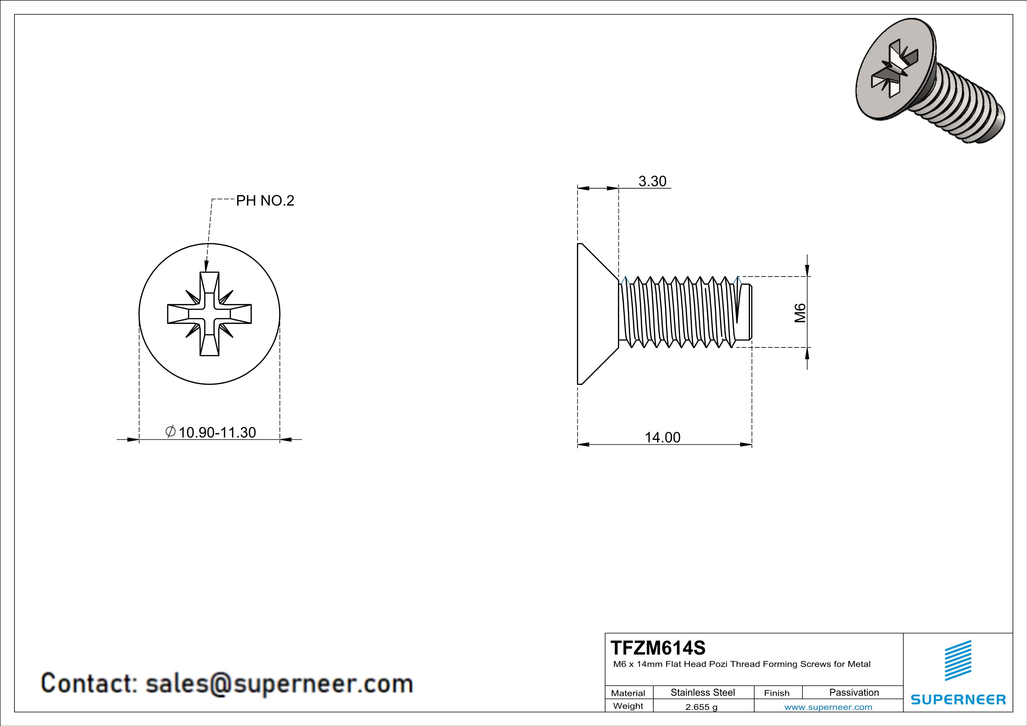 M6 × 14mm Flat Head Pozi Thread Forming Screws for Metal SUS304 Stainless Steel Inox