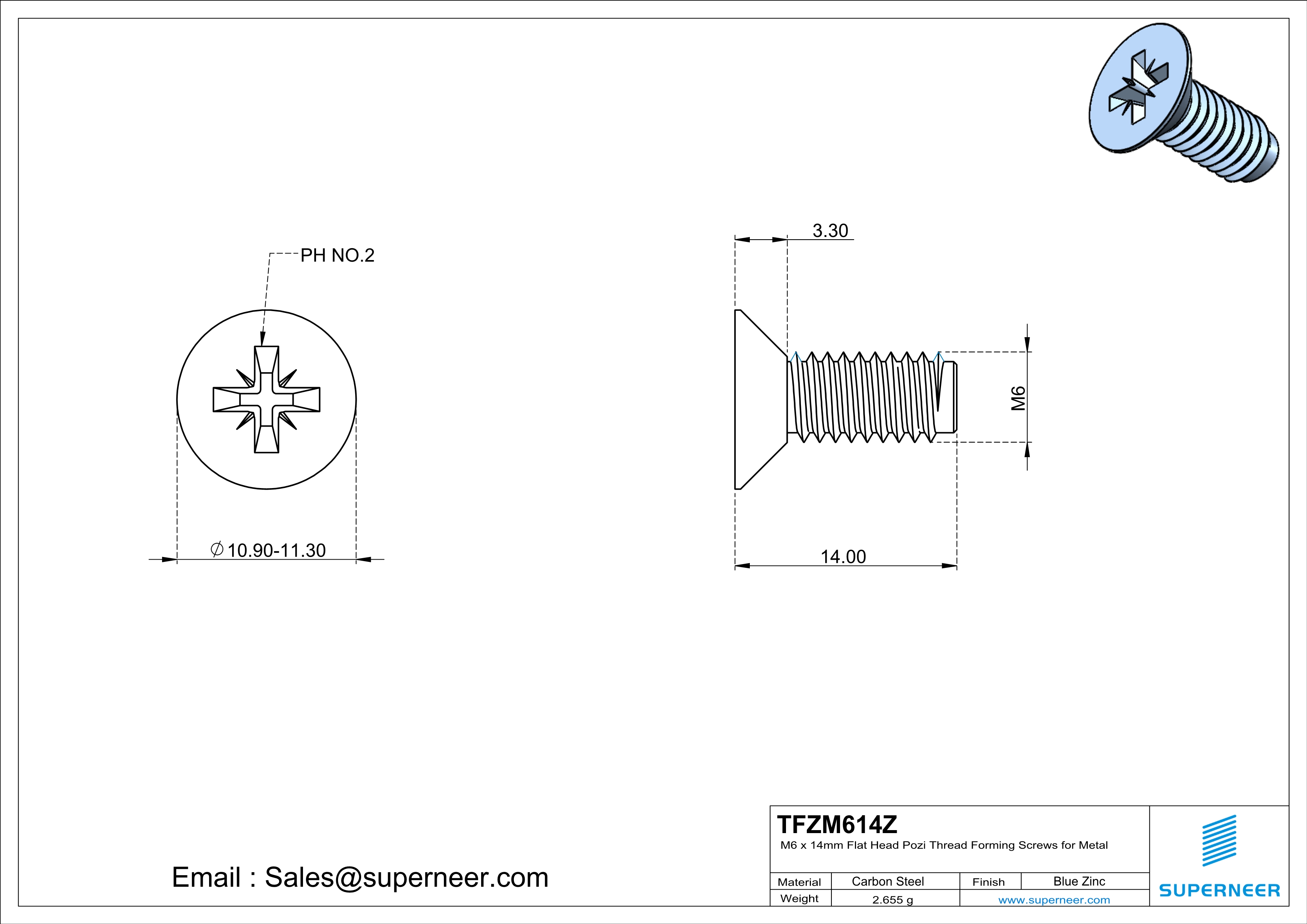 M6 × 14mm Flat Head Pozi Thread Forming Screws for Metal Steel Blue Zinc Plated