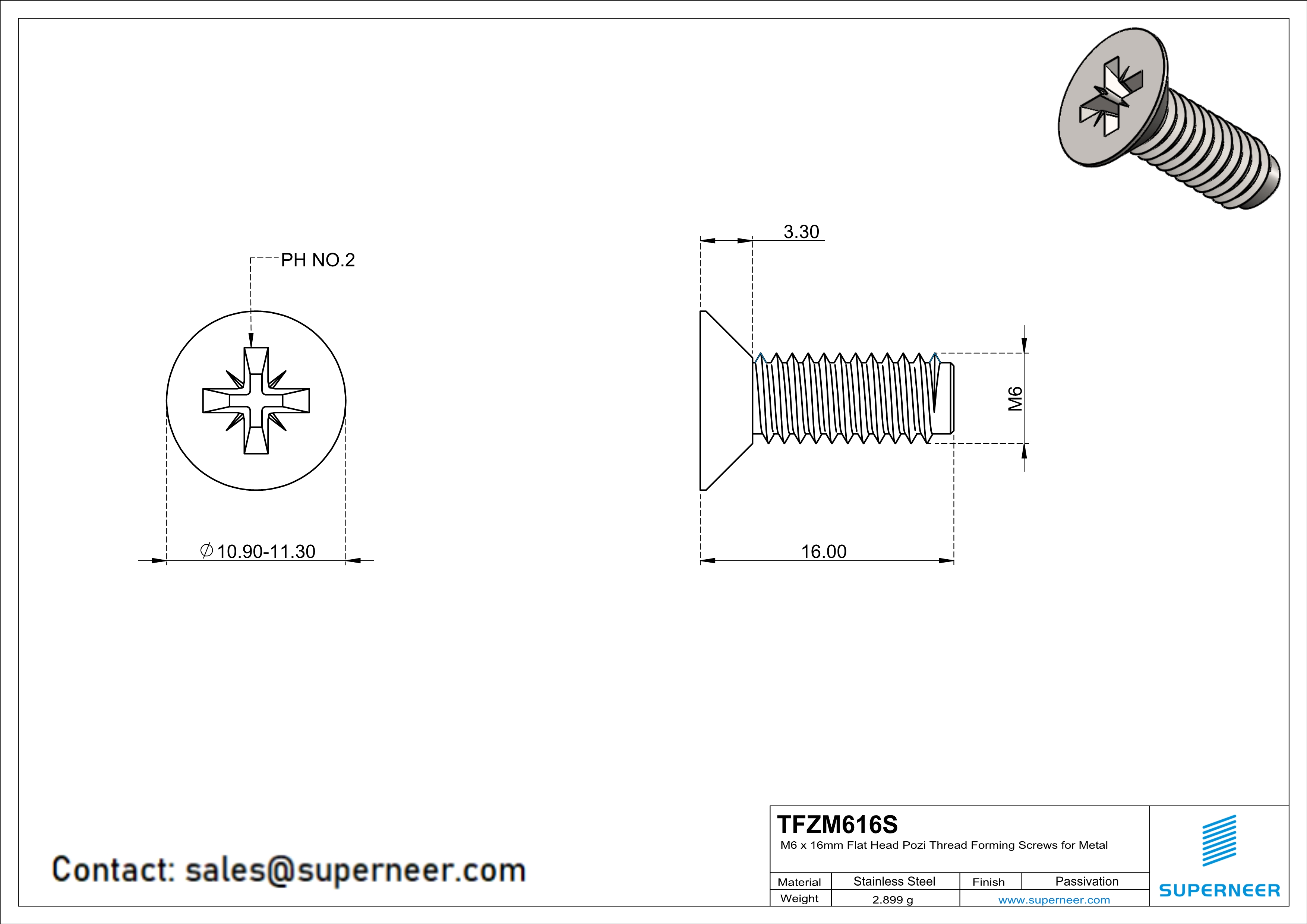 M6 × 16mm Flat Head Pozi Thread Forming Screws for Metal SUS304 Stainless Steel Inox