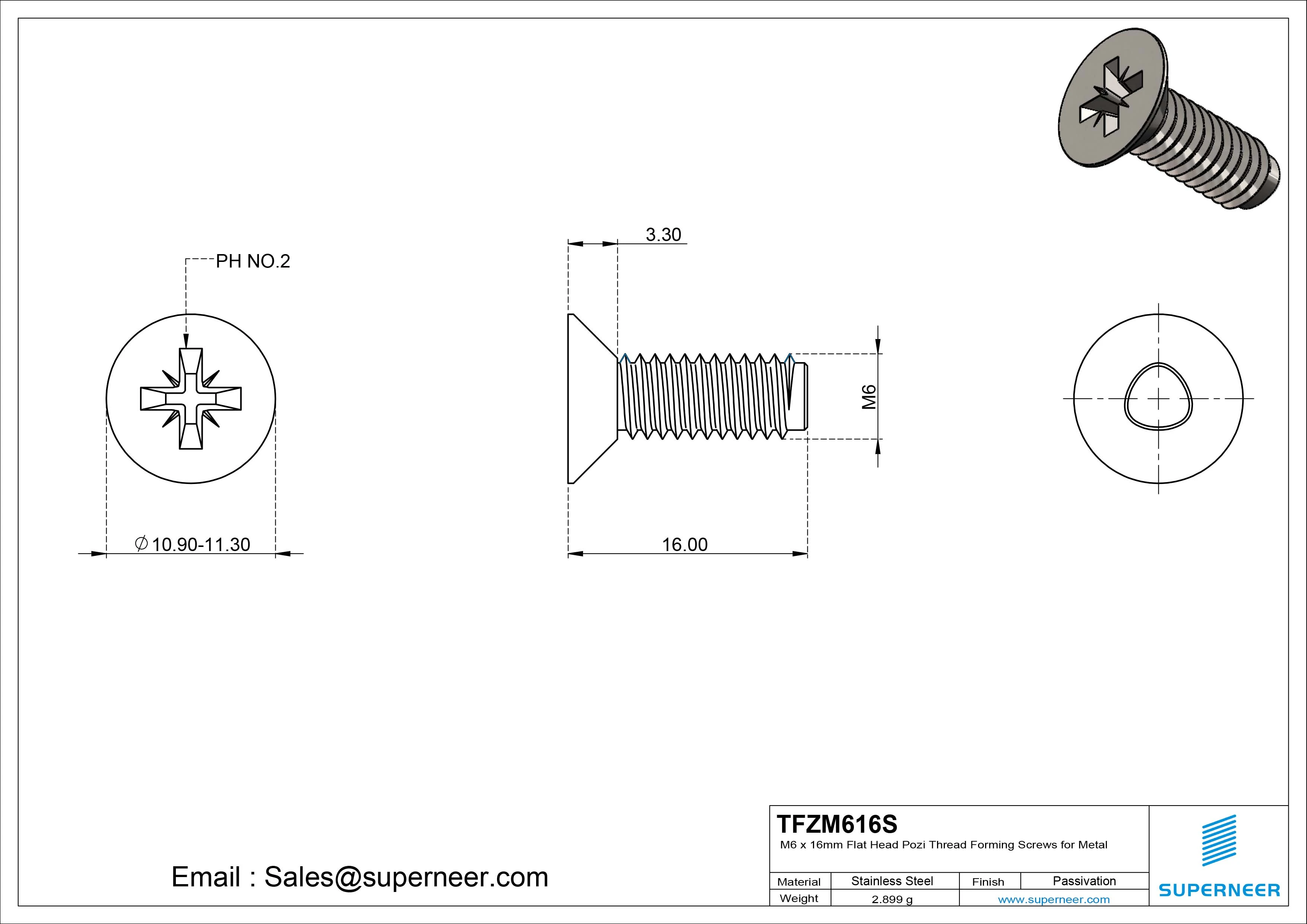 M6 × 16mm Flat Head Pozi Thread Forming Screws for Metal SUS304 Stainless Steel Inox