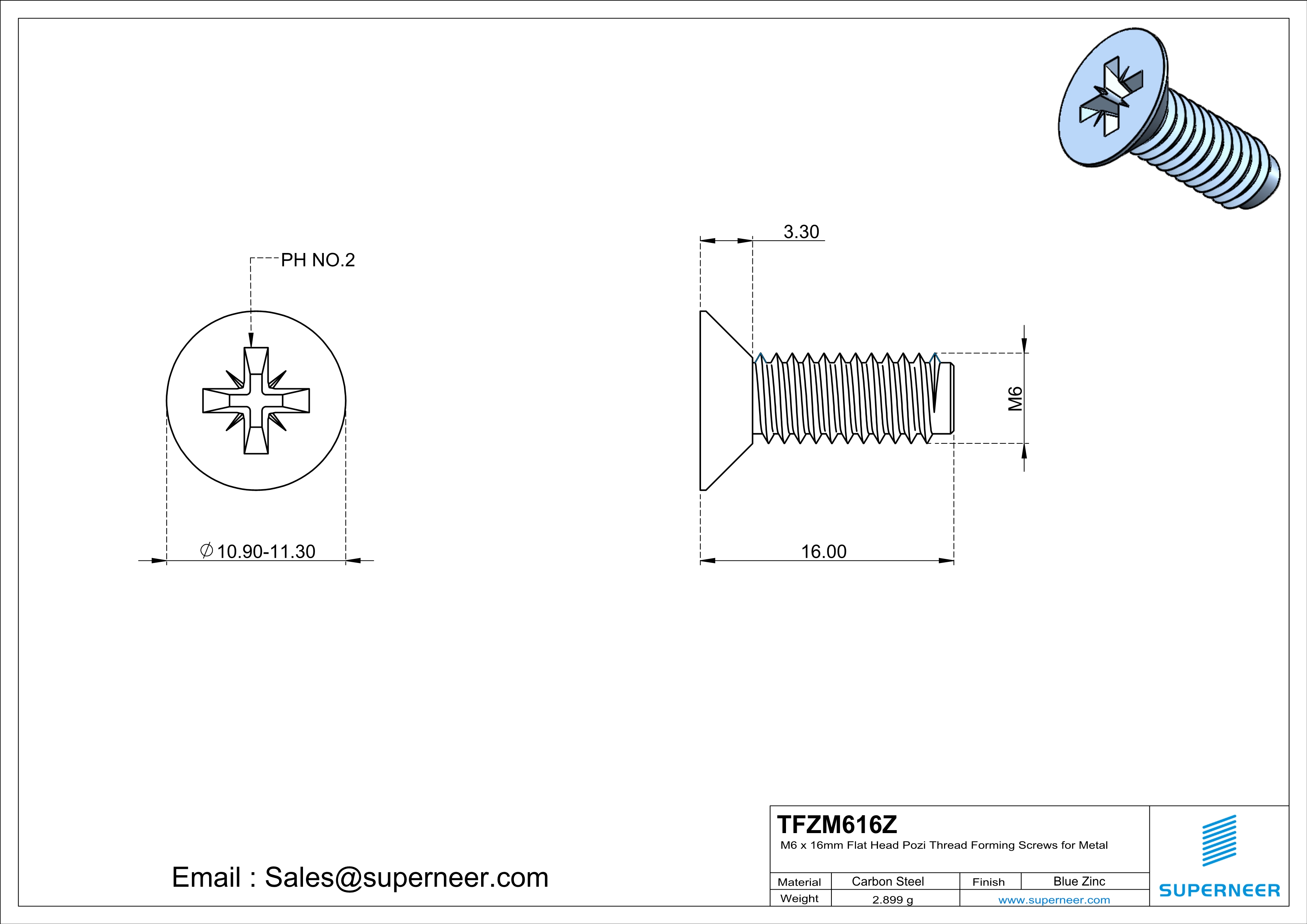 M6 × 16mm Flat Head Pozi Thread Forming Screws for Metal Steel Blue Zinc Plated