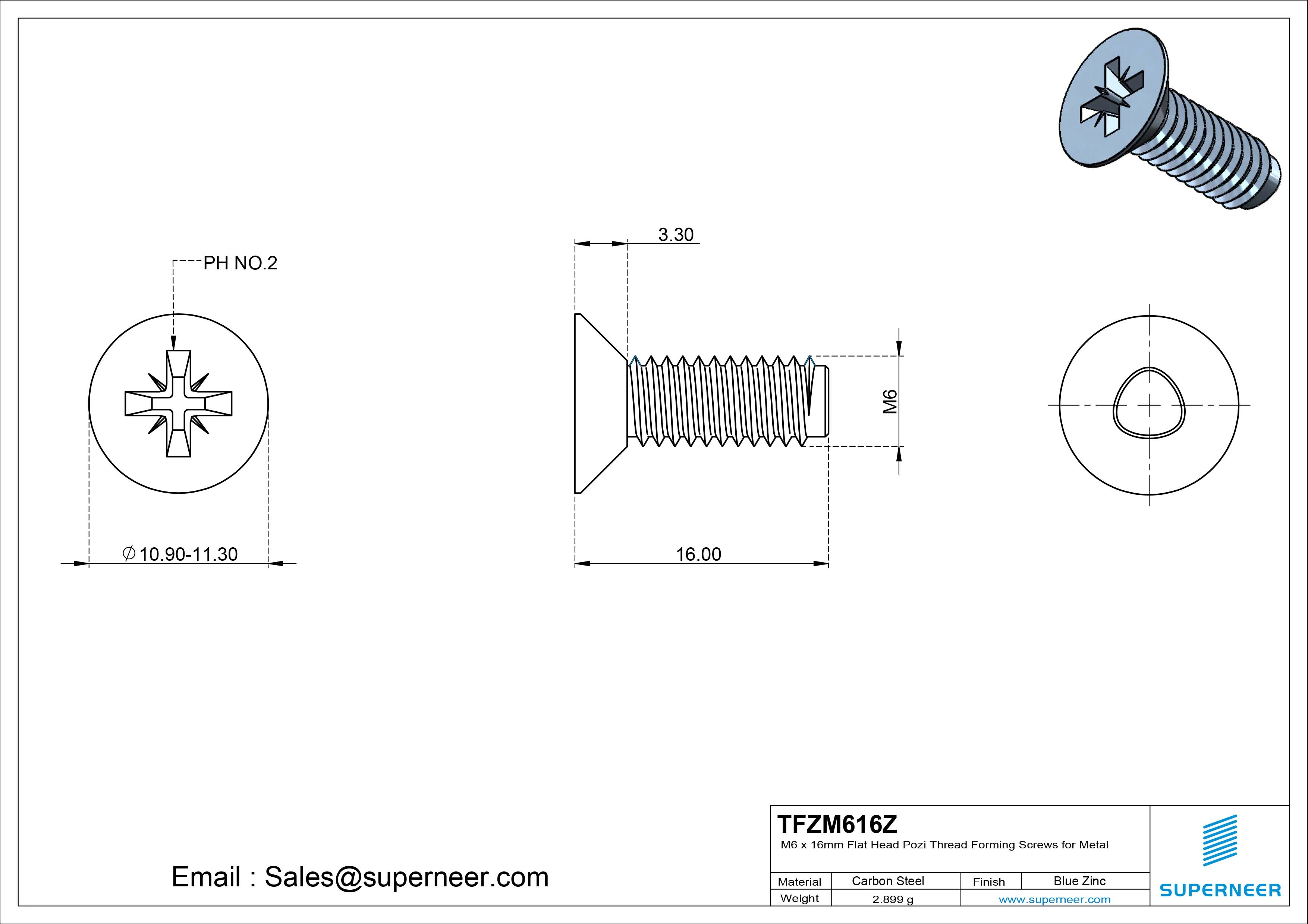 M6 × 16mm Flat Head Pozi Thread Forming Screws for Metal Steel Blue Zinc Plated