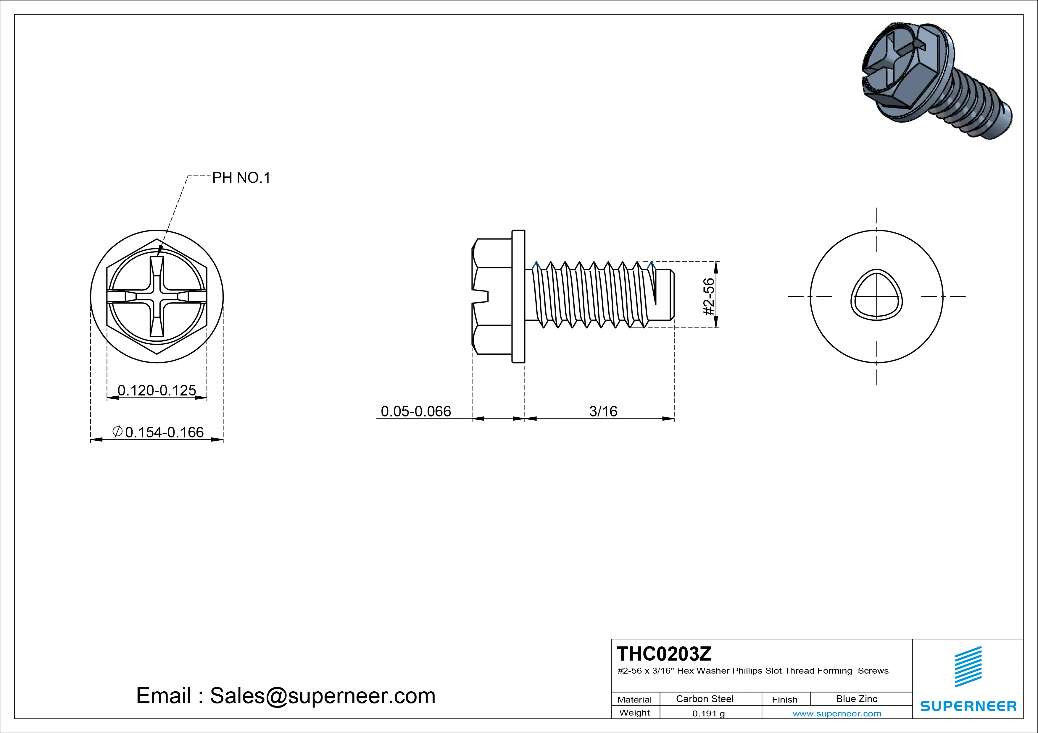 2-56 × 3/16 Hex Washer Phillips Slot Thread Forming  Screws for Metal  Steel Blue Zinc Plated