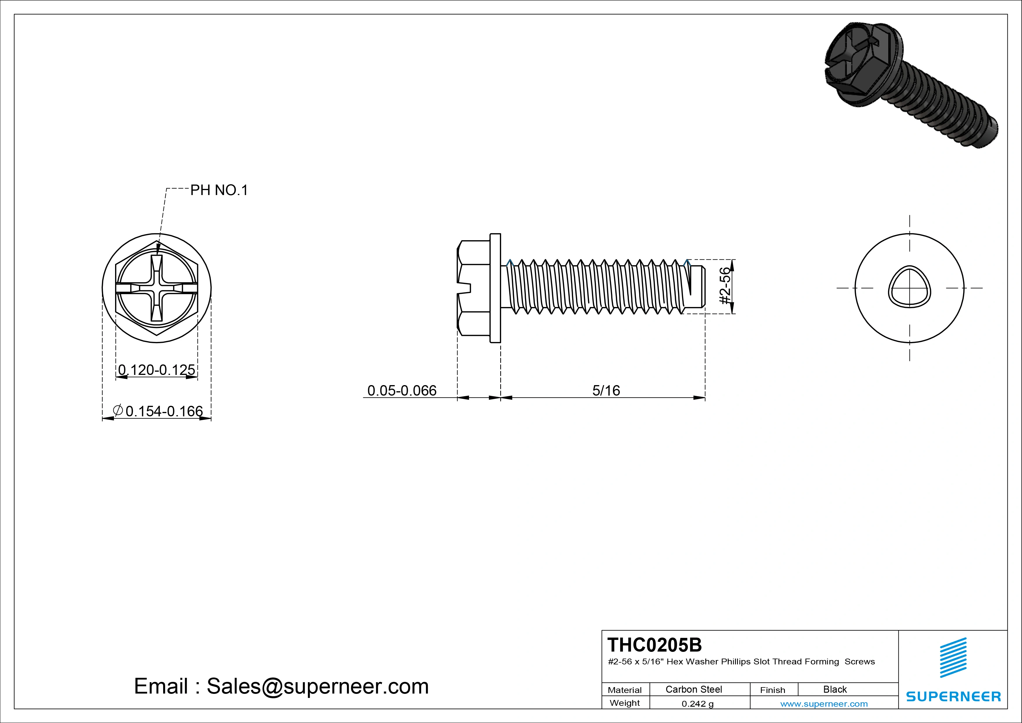 2-56 × 5/16 Hex Washer Phillips Slot Thread Forming  Screws for Metal  Steel Black