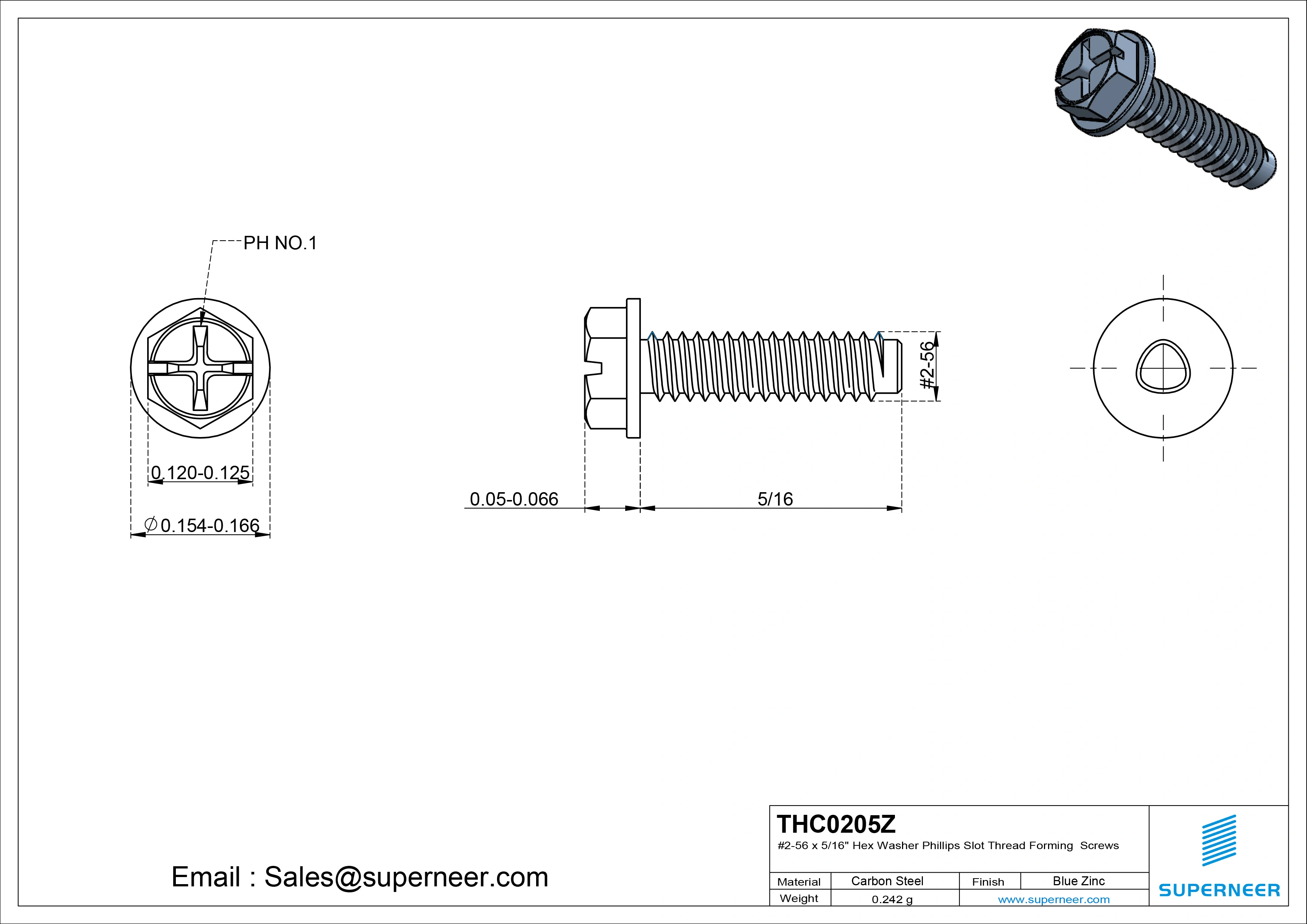 2-56 × 5/16 Hex Washer Phillips Slot Thread Forming  Screws for Metal  Steel Blue Zinc Plated